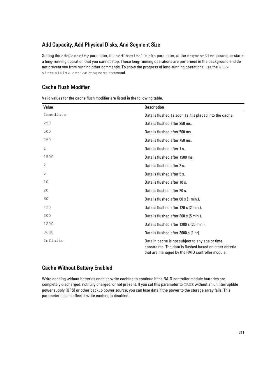 Add capacity, add physical disks, and segment size, Cache flush modifier, Cache without battery enabled | Dell PowerVault MD3260i User Manual | Page 311 / 388