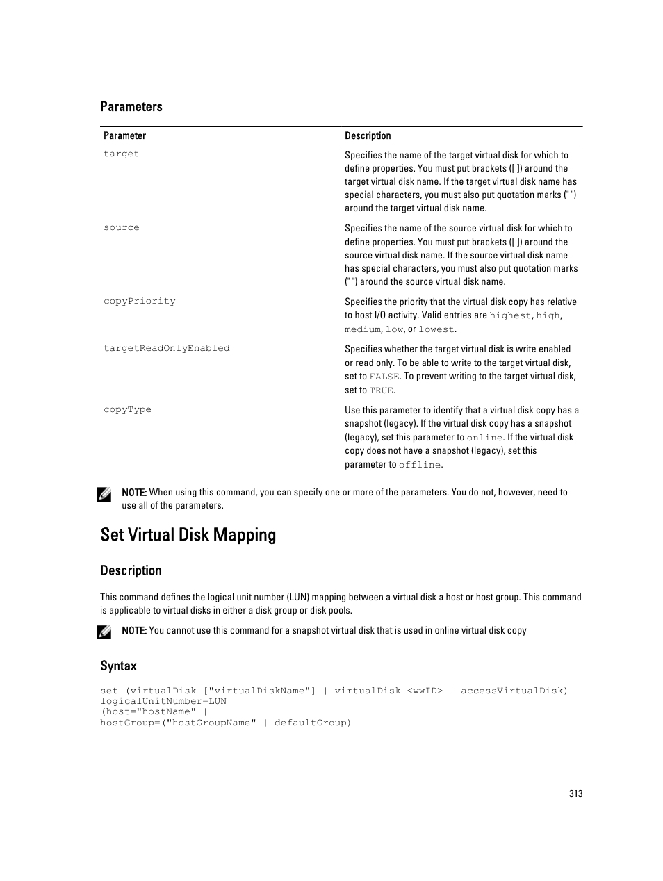 Set virtual disk mapping, Parameters, Description | Syntax | Dell PowerVault MD3260i User Manual | Page 313 / 388