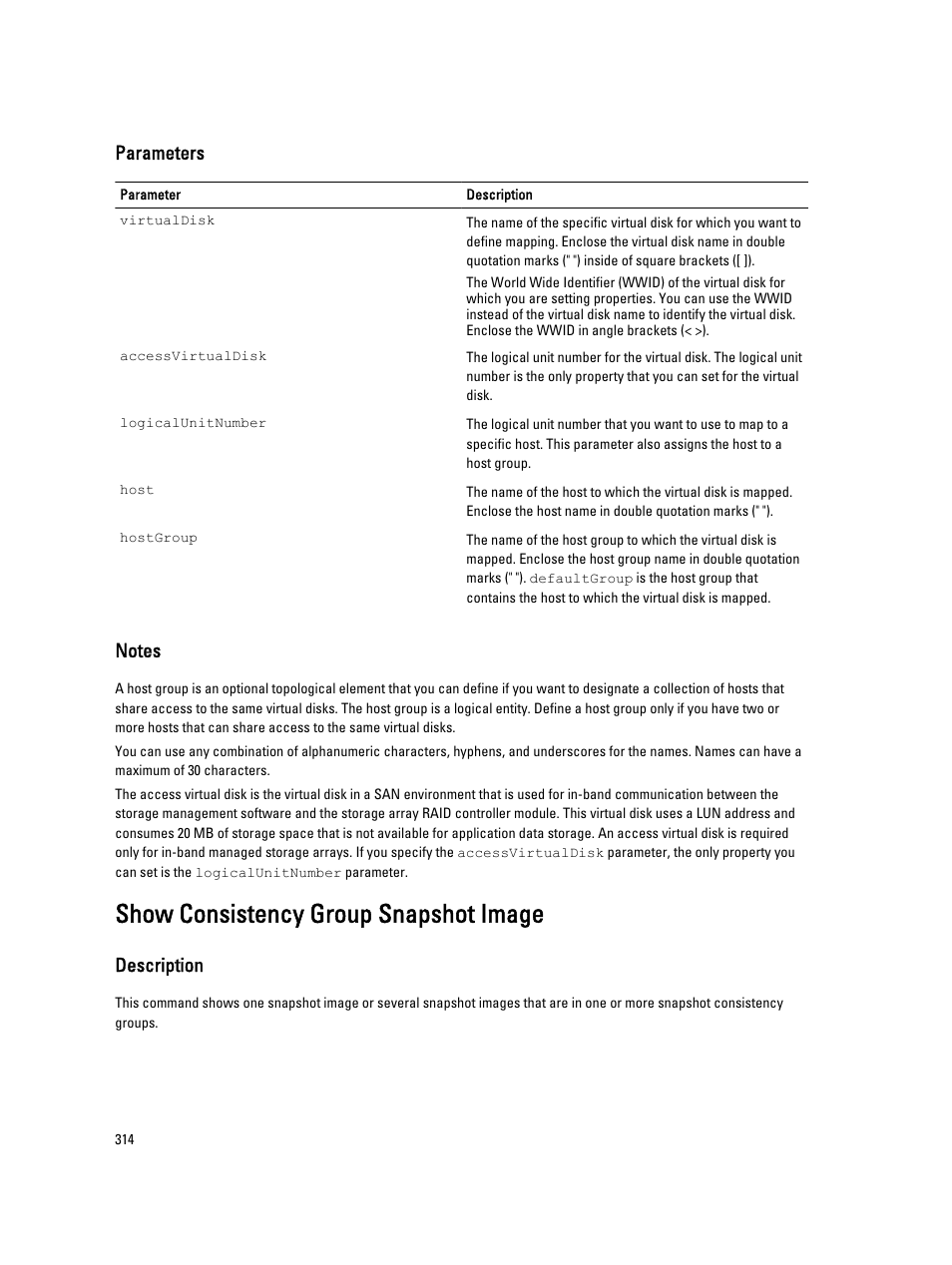 Show consistency group snapshot image, Parameters, Description | Dell PowerVault MD3260i User Manual | Page 314 / 388