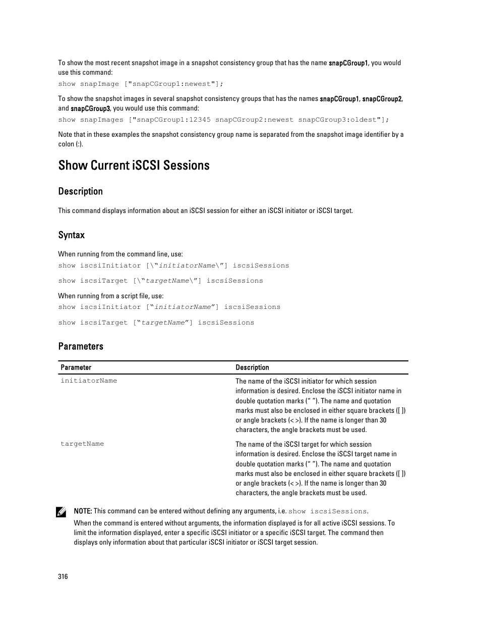 Show current iscsi sessions, Description, Syntax | Parameters | Dell PowerVault MD3260i User Manual | Page 316 / 388