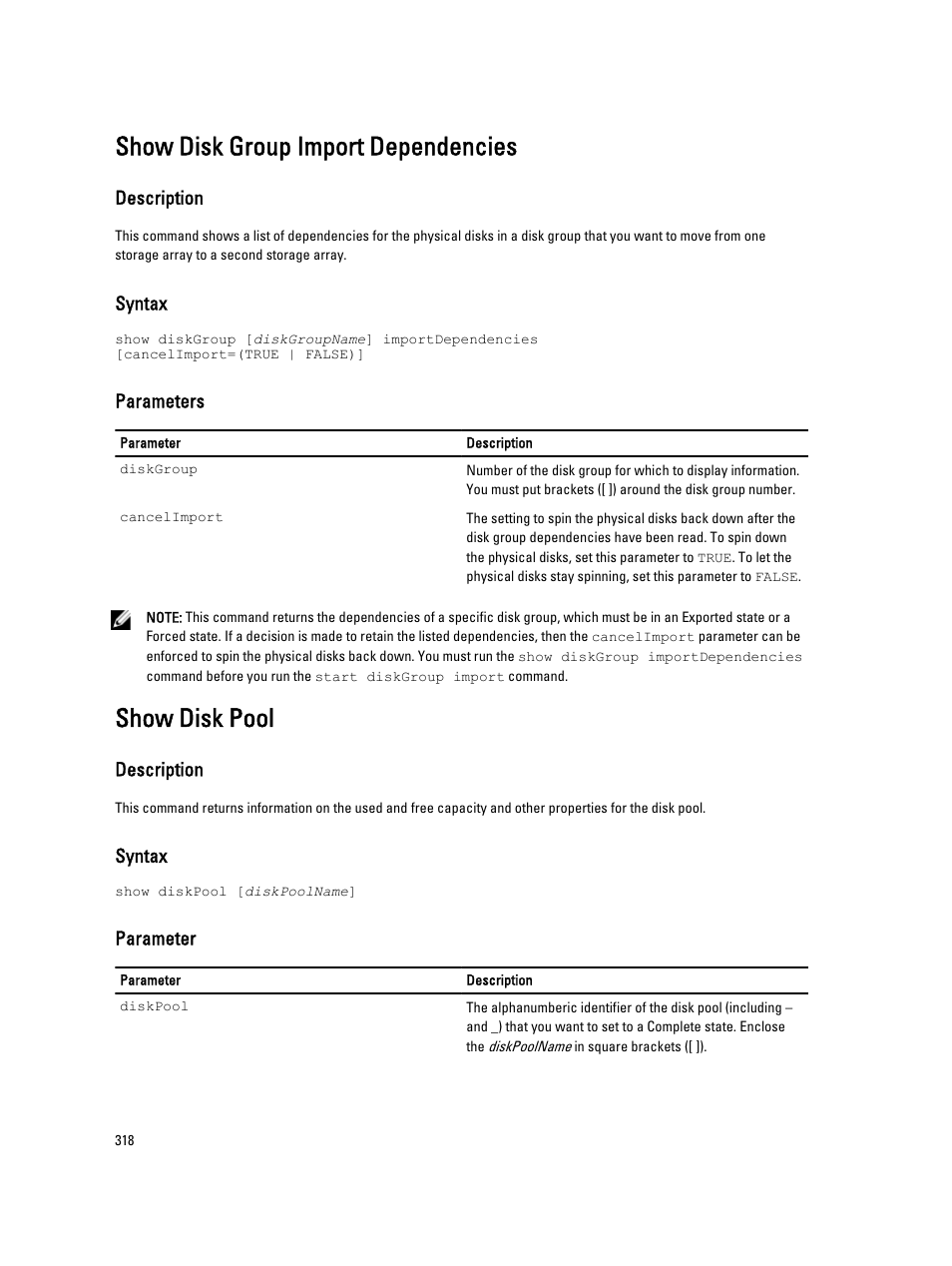 Show disk group import dependencies, Show disk pool | Dell PowerVault MD3260i User Manual | Page 318 / 388