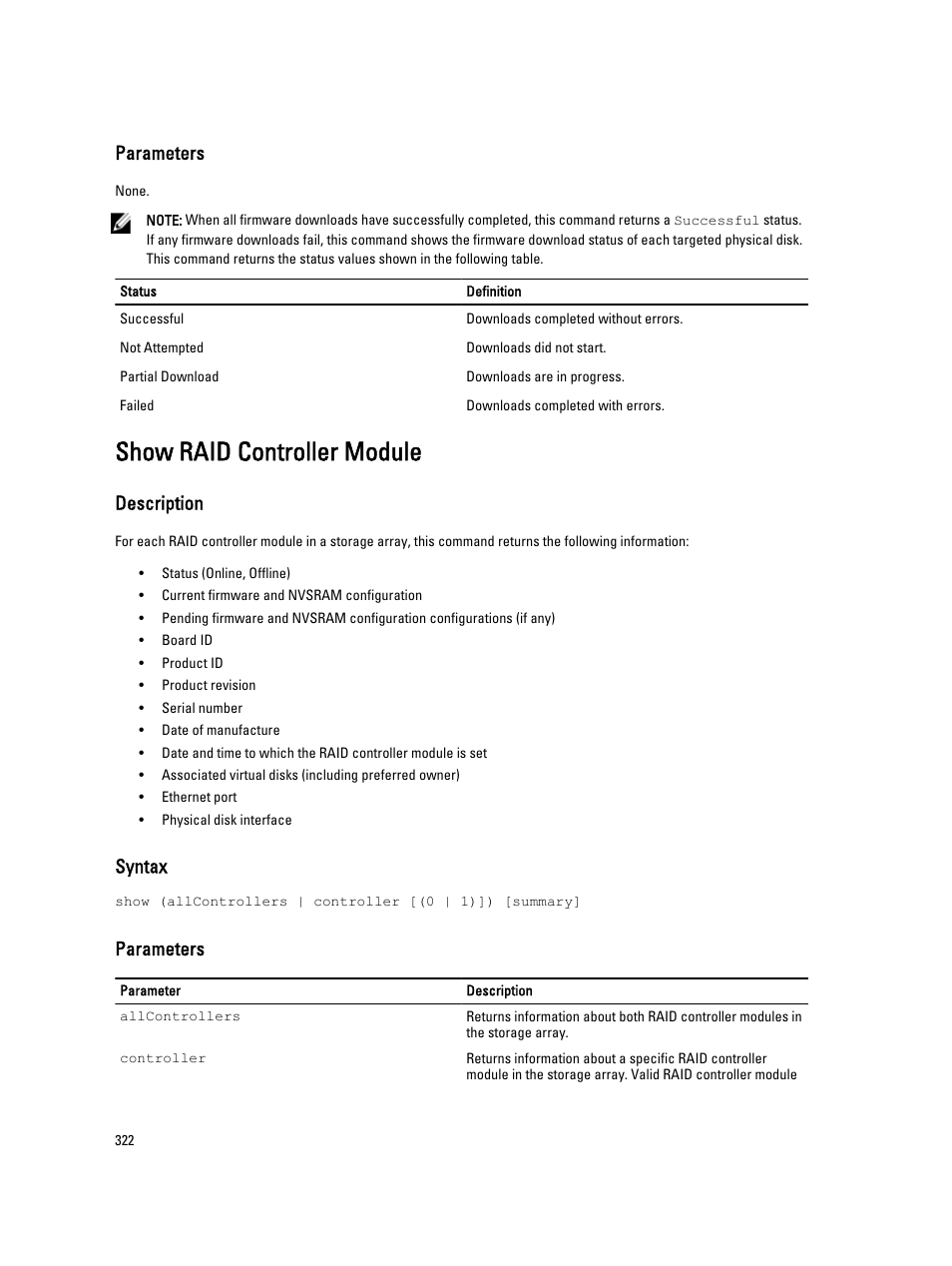 Show raid controller module, Parameters, Description | Syntax | Dell PowerVault MD3260i User Manual | Page 322 / 388