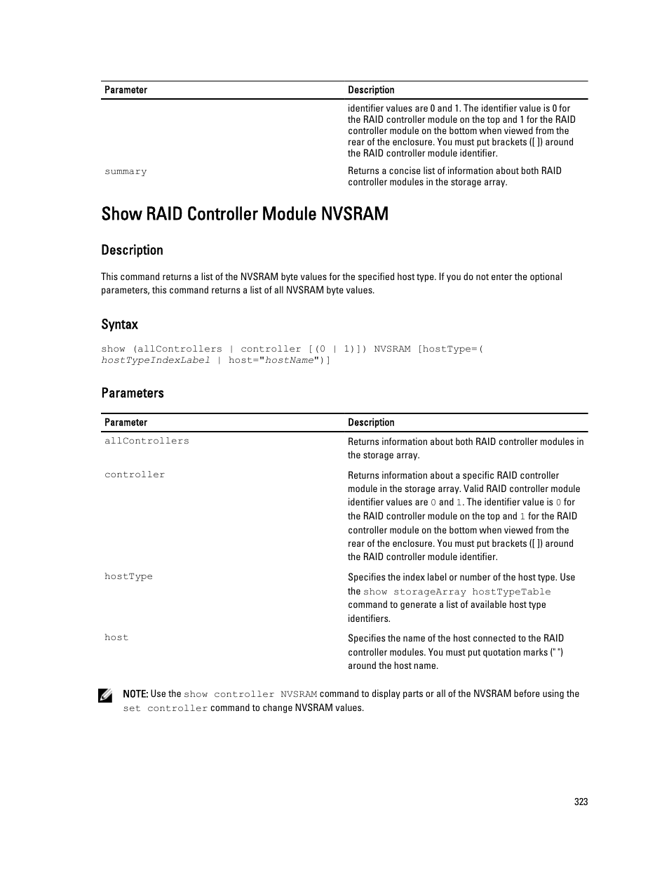 Show raid controller module nvsram, Description, Syntax | Parameters | Dell PowerVault MD3260i User Manual | Page 323 / 388