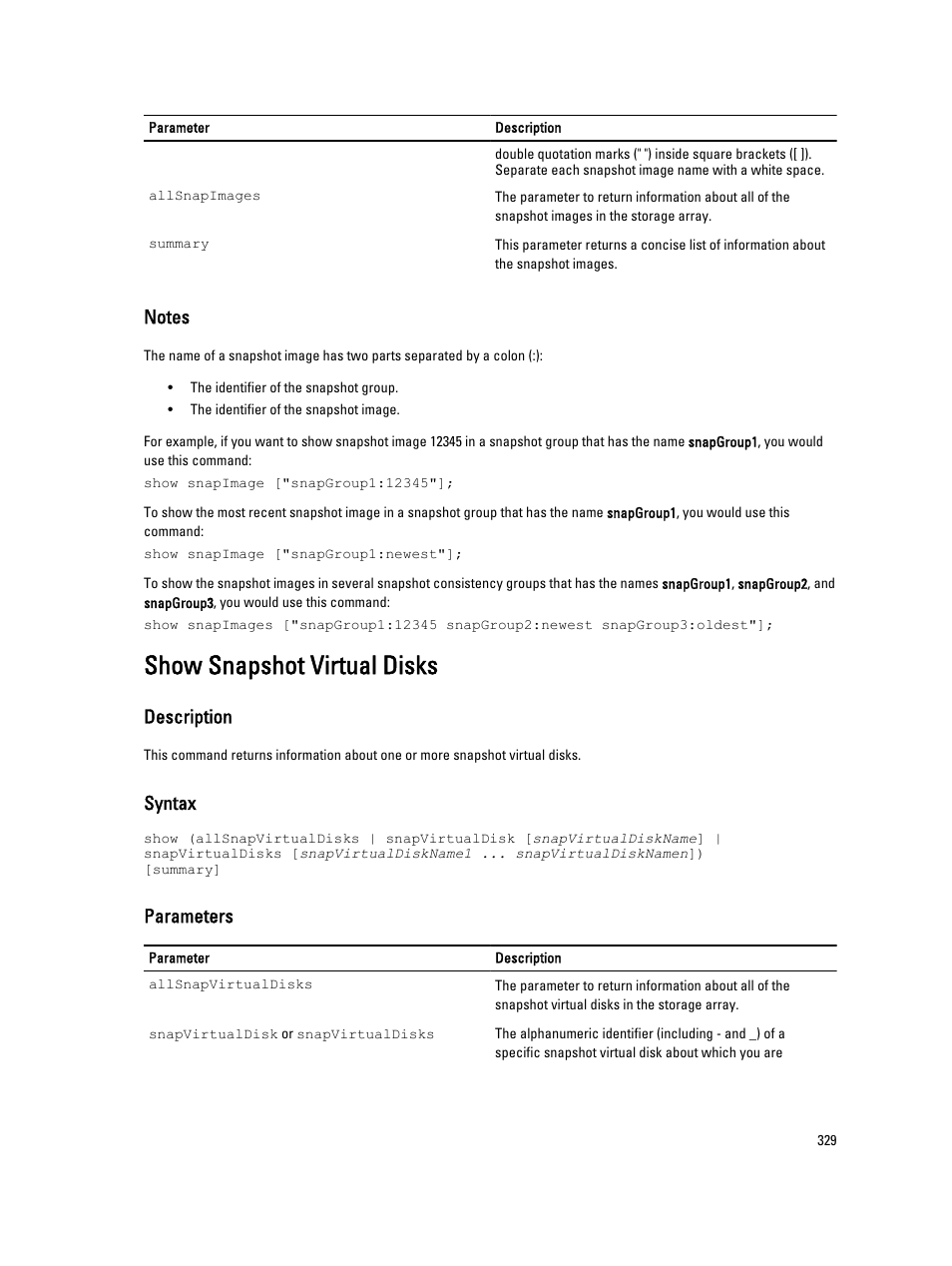 Show snapshot virtual disks, Description, Syntax | Parameters | Dell PowerVault MD3260i User Manual | Page 329 / 388