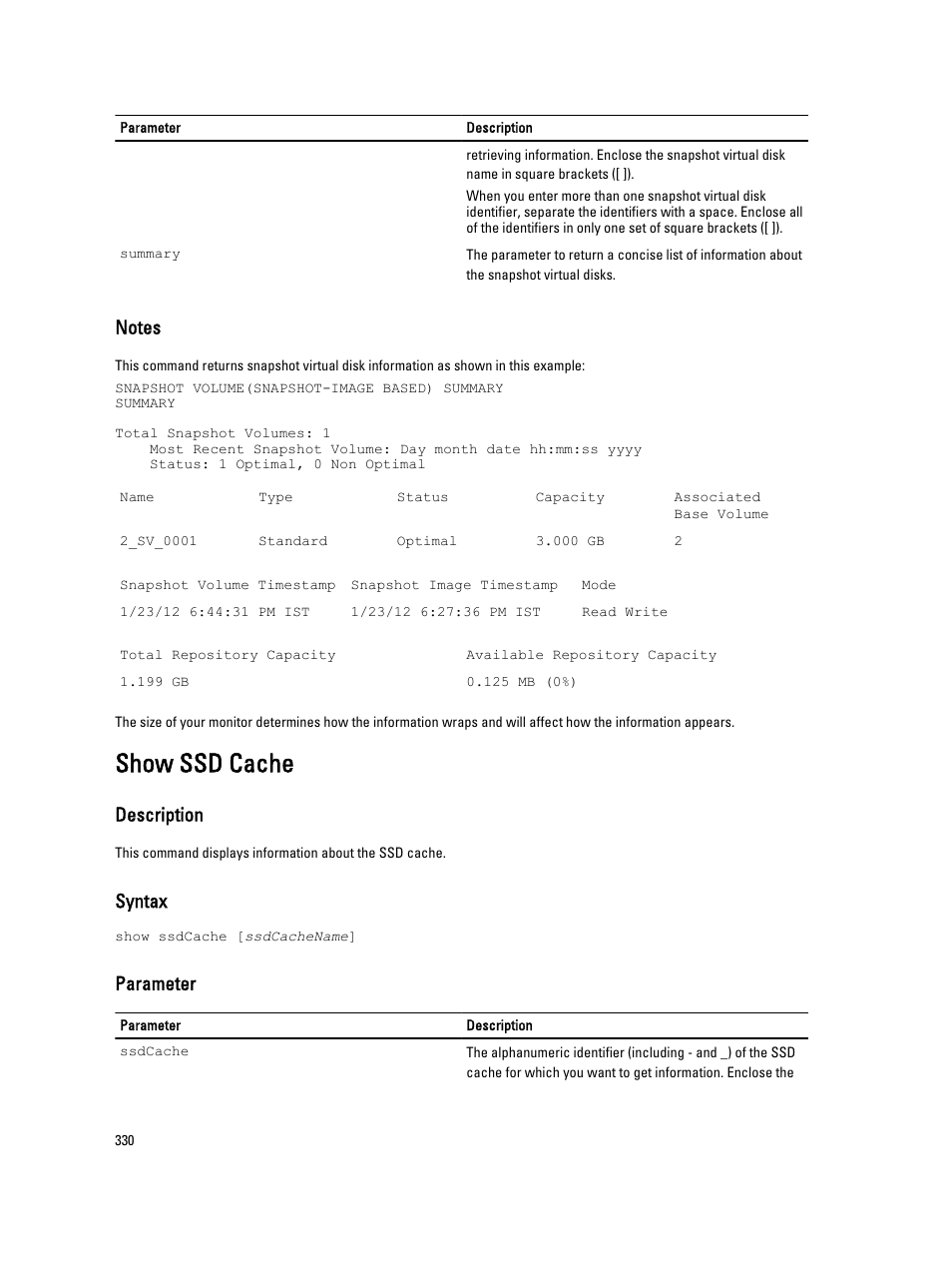Show ssd cache, Description, Syntax | Parameter | Dell PowerVault MD3260i User Manual | Page 330 / 388