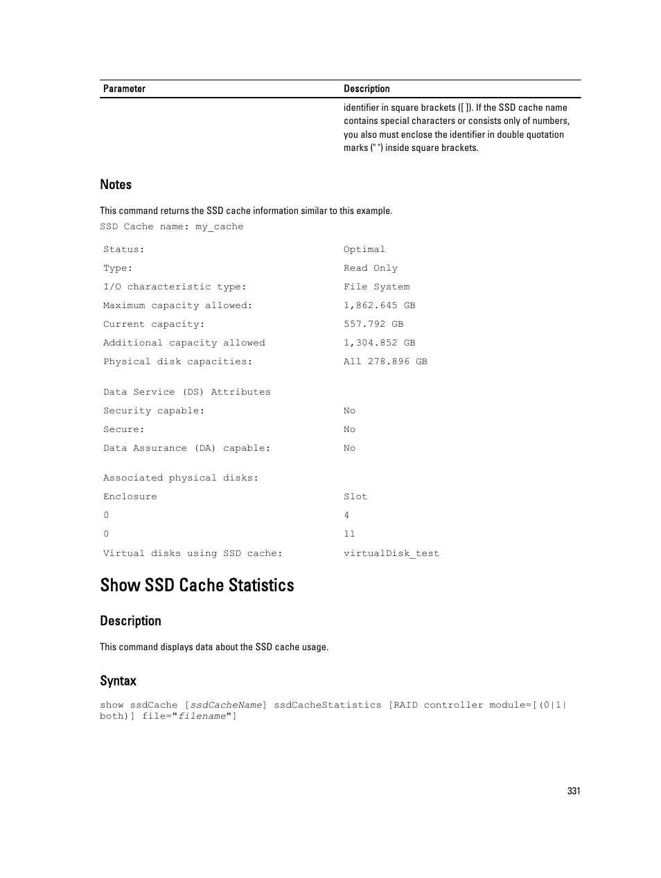 Show ssd cache statistics, Description, Syntax | Dell PowerVault MD3260i User Manual | Page 331 / 388