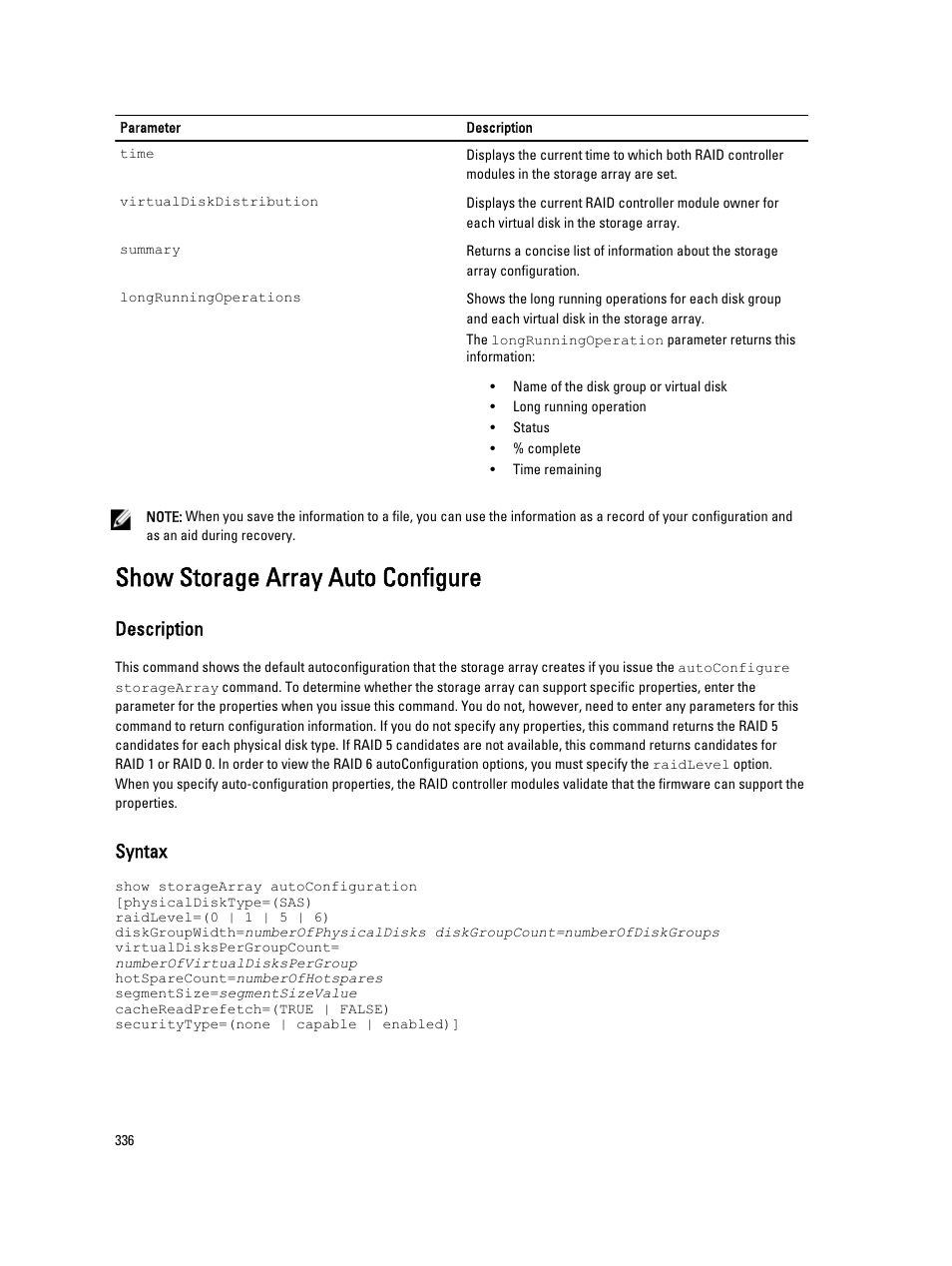 Show storage array auto configure, Description, Syntax | Dell PowerVault MD3260i User Manual | Page 336 / 388
