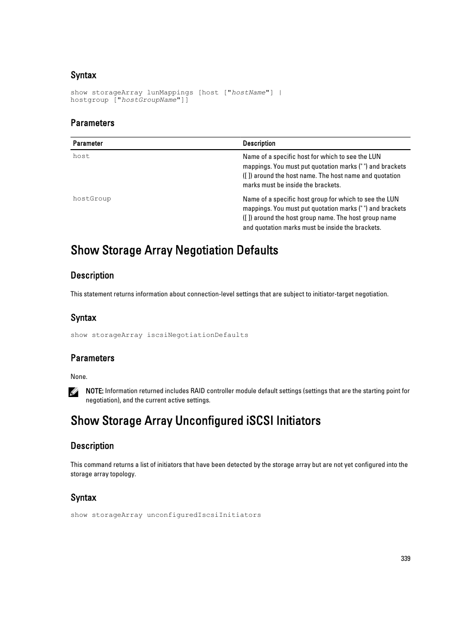 Show storage array negotiation defaults, Show storage array unconfigured iscsi initiators | Dell PowerVault MD3260i User Manual | Page 339 / 388
