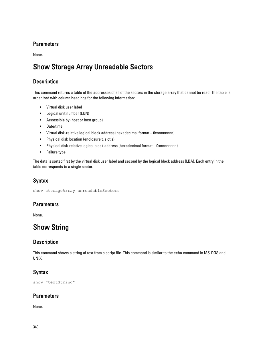 Show storage array unreadable sectors, Show string | Dell PowerVault MD3260i User Manual | Page 340 / 388