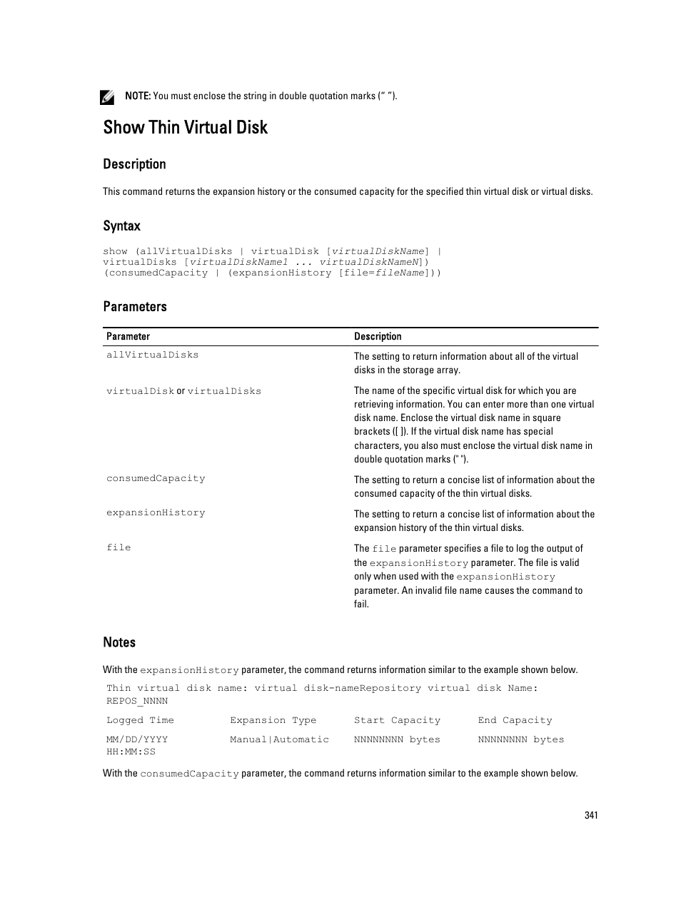 Show thin virtual disk, Description, Syntax | Parameters | Dell PowerVault MD3260i User Manual | Page 341 / 388
