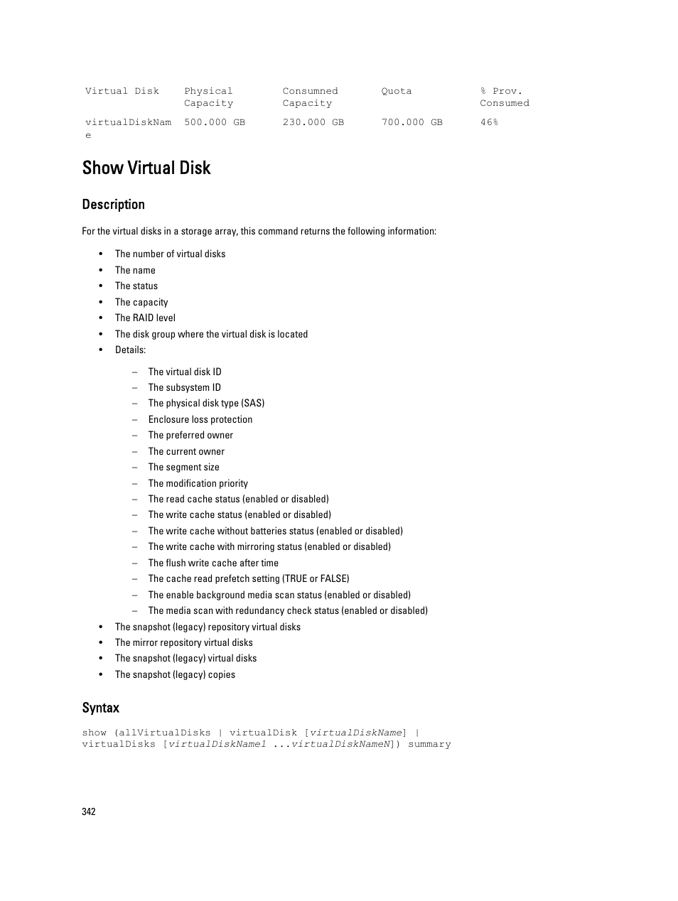 Show virtual disk, Description, Syntax | Dell PowerVault MD3260i User Manual | Page 342 / 388