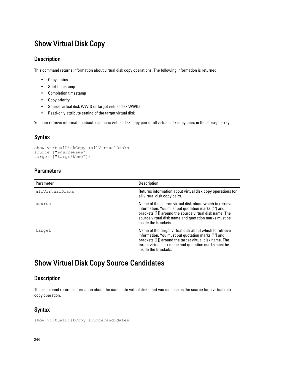 Show virtual disk copy, Show virtual disk copy source candidates, Description | Syntax, Parameters | Dell PowerVault MD3260i User Manual | Page 344 / 388