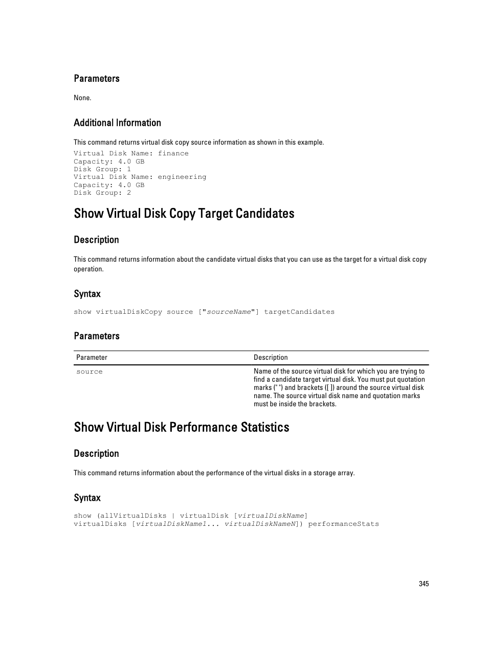 Show virtual disk copy target candidates, Show virtual disk performance statistics | Dell PowerVault MD3260i User Manual | Page 345 / 388