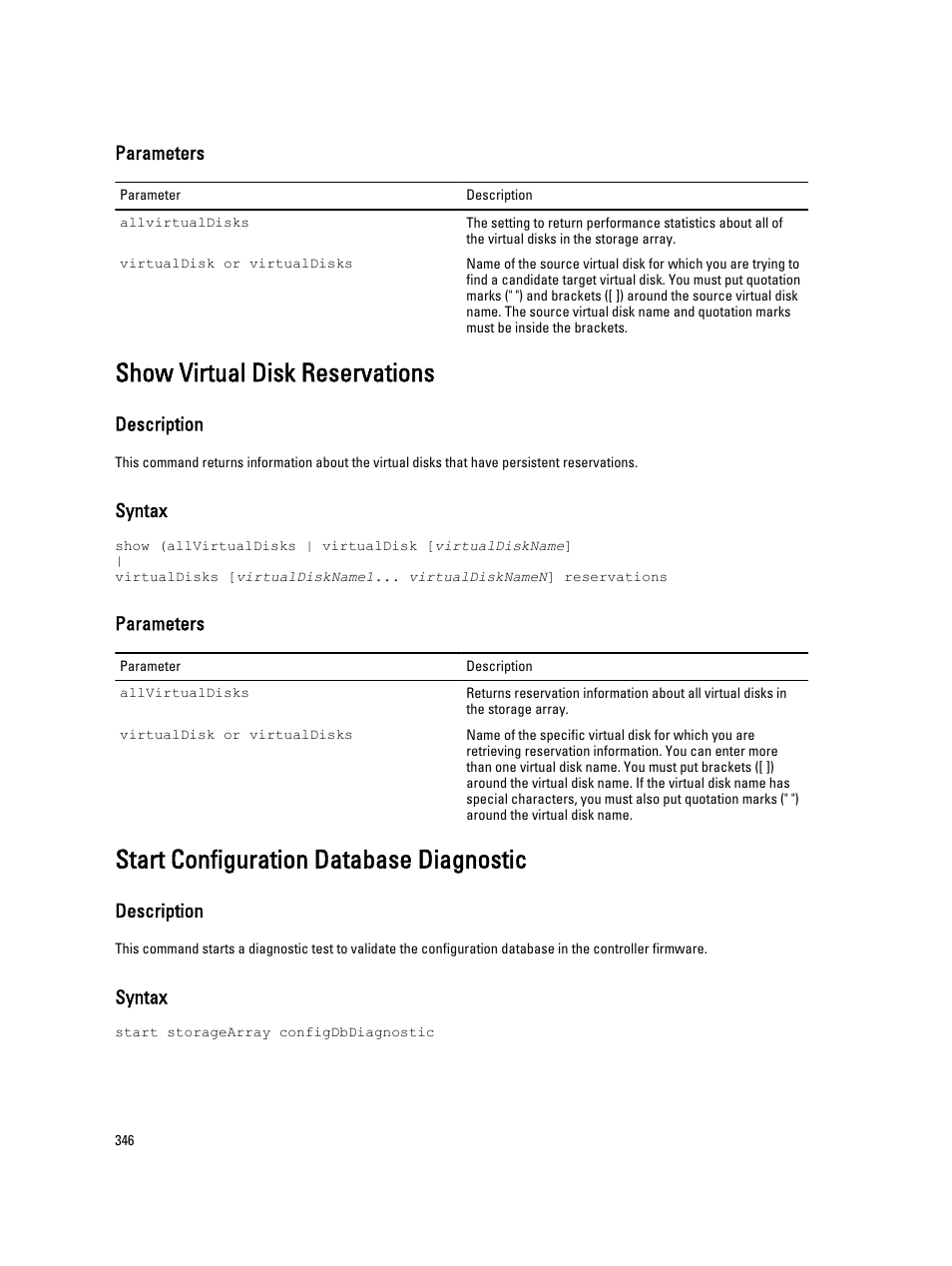 Show virtual disk reservations, Start configuration database diagnostic, Parameters | Description, Syntax | Dell PowerVault MD3260i User Manual | Page 346 / 388