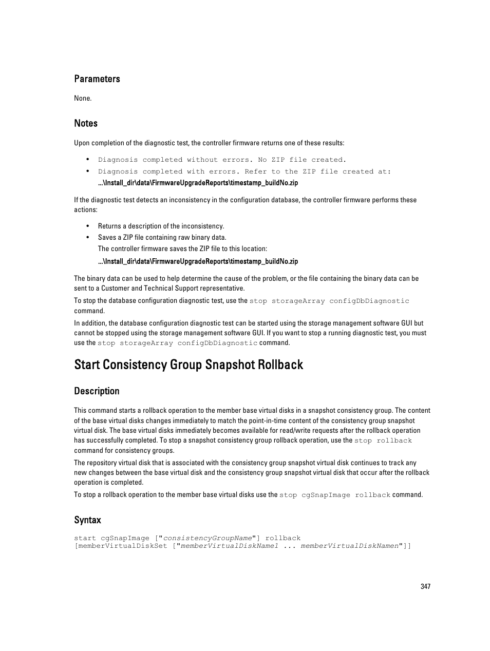 Start consistency group snapshot rollback, Parameters, Description | Syntax | Dell PowerVault MD3260i User Manual | Page 347 / 388