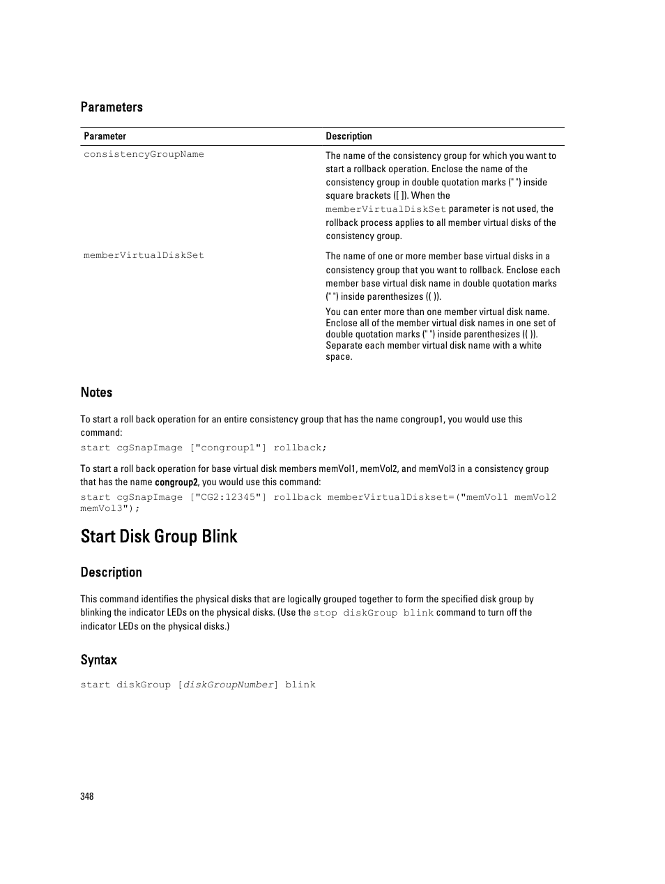 Start disk group blink, Parameters, Description | Syntax | Dell PowerVault MD3260i User Manual | Page 348 / 388