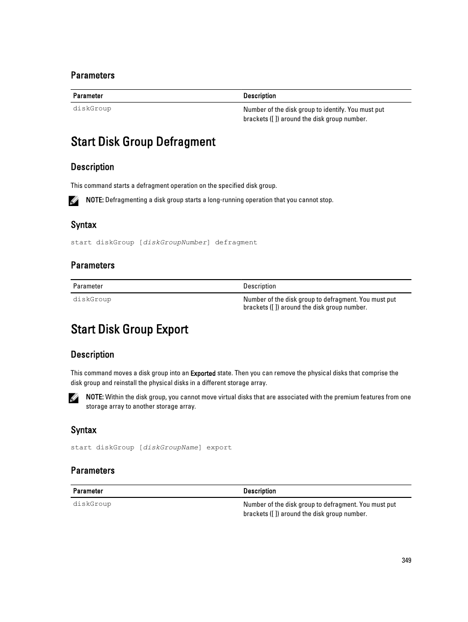 Start disk group defragment, Start disk group export | Dell PowerVault MD3260i User Manual | Page 349 / 388