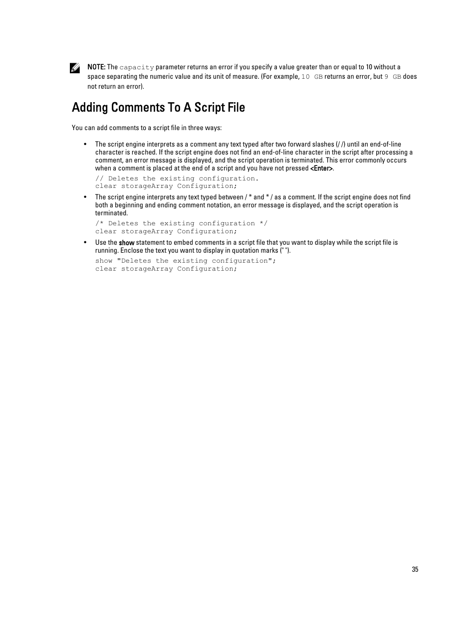 Adding comments to a script file | Dell PowerVault MD3260i User Manual | Page 35 / 388