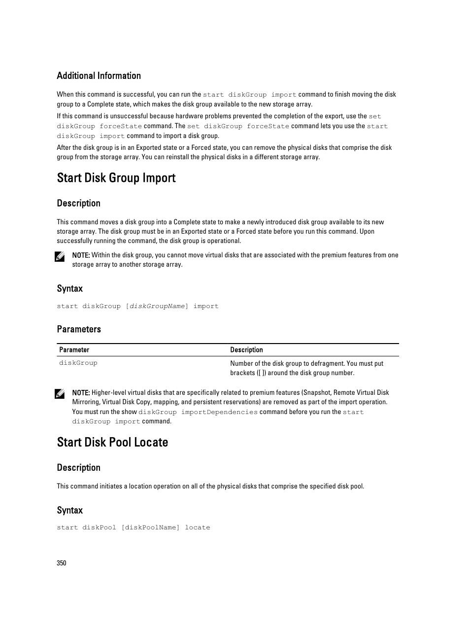 Start disk group import, Start disk pool locate | Dell PowerVault MD3260i User Manual | Page 350 / 388