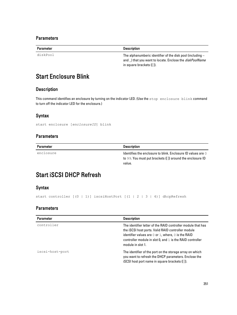 Start enclosure blink, Start iscsi dhcp refresh | Dell PowerVault MD3260i User Manual | Page 351 / 388