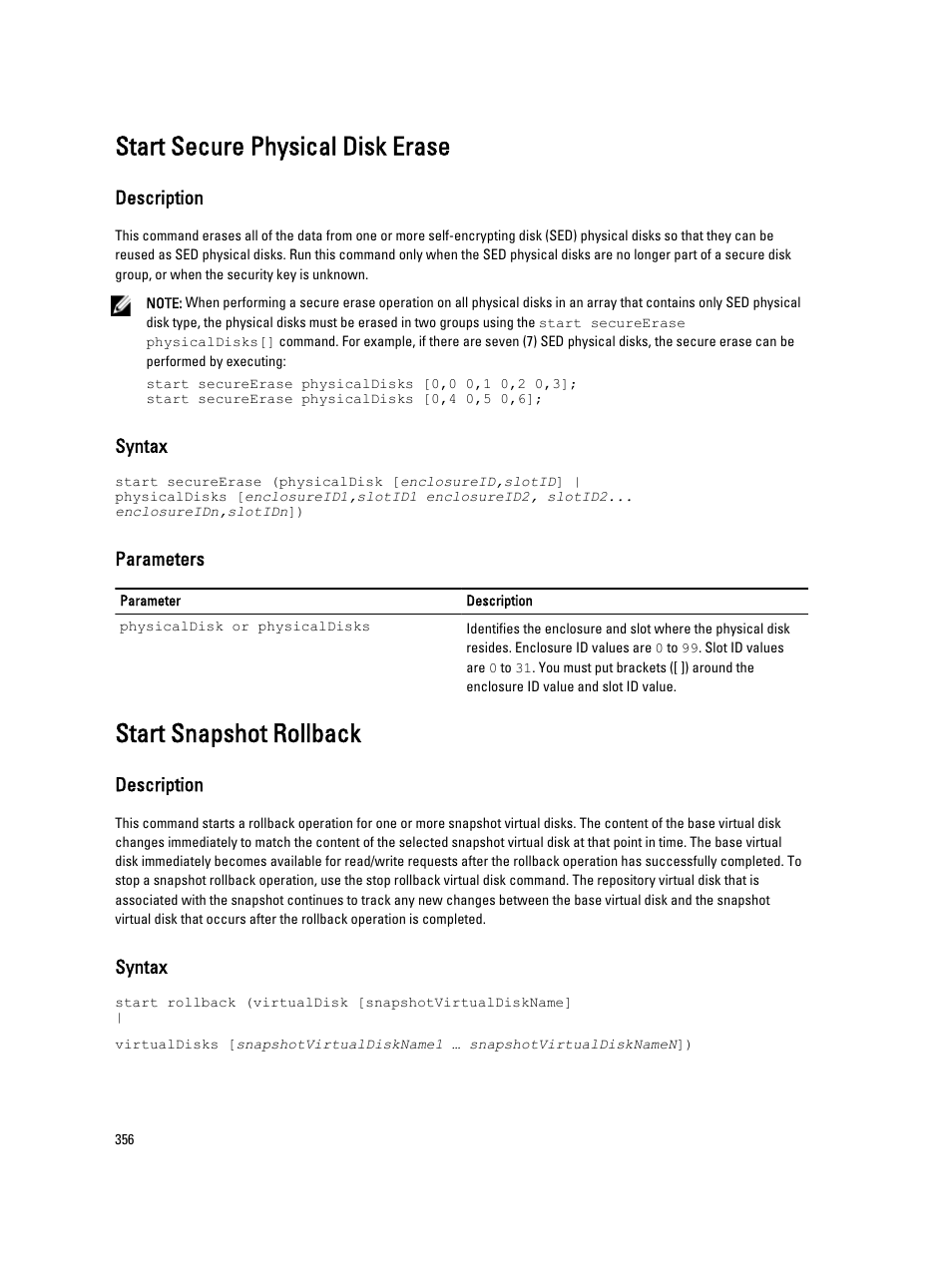 Start secure physical disk erase, Start snapshot rollback | Dell PowerVault MD3260i User Manual | Page 356 / 388