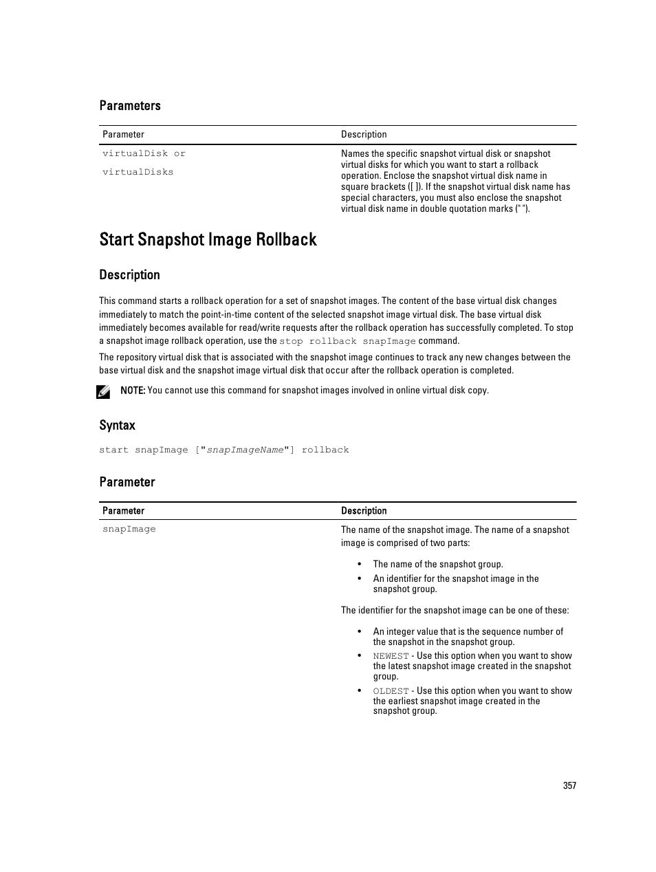 Start snapshot image rollback, Parameters, Description | Syntax, Parameter | Dell PowerVault MD3260i User Manual | Page 357 / 388