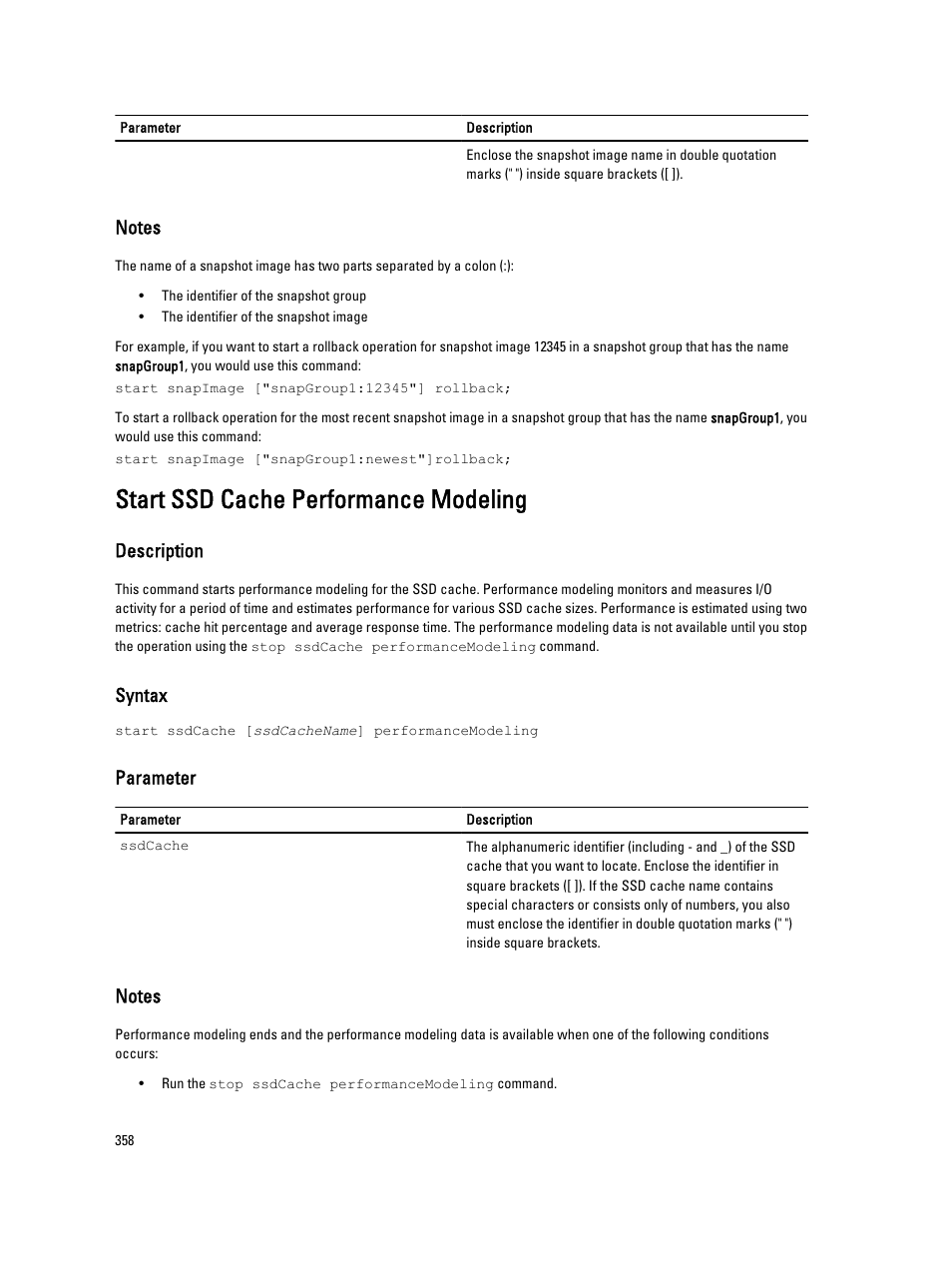 Start ssd cache performance modeling, Description, Syntax | Parameter | Dell PowerVault MD3260i User Manual | Page 358 / 388