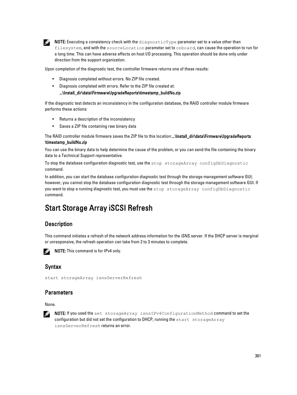 Start storage array iscsi refresh, Description, Syntax | Parameters | Dell PowerVault MD3260i User Manual | Page 361 / 388