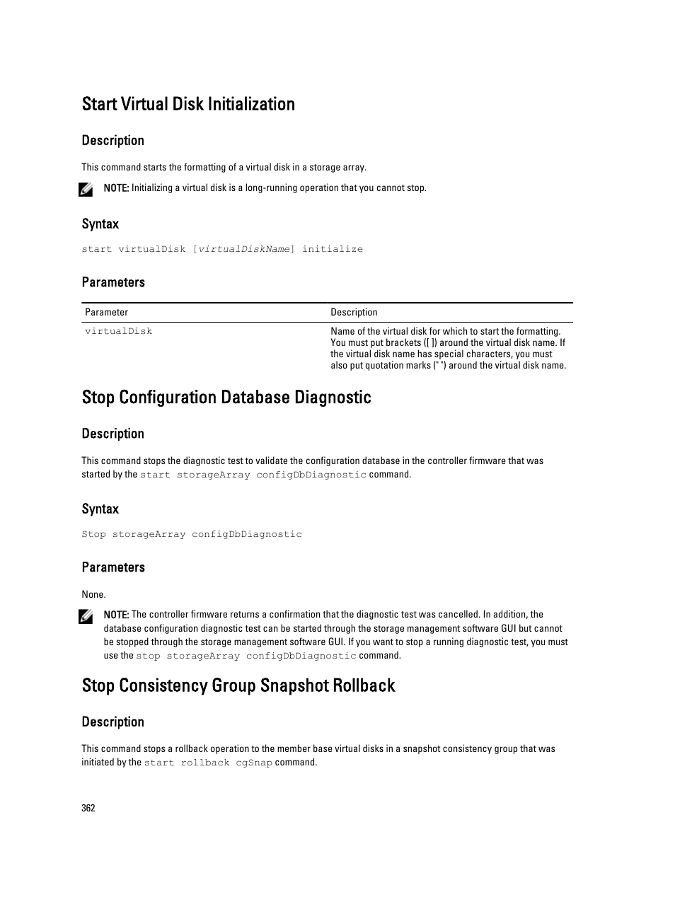 Start virtual disk initialization, Stop configuration database diagnostic, Stop consistency group snapshot rollback | Dell PowerVault MD3260i User Manual | Page 362 / 388