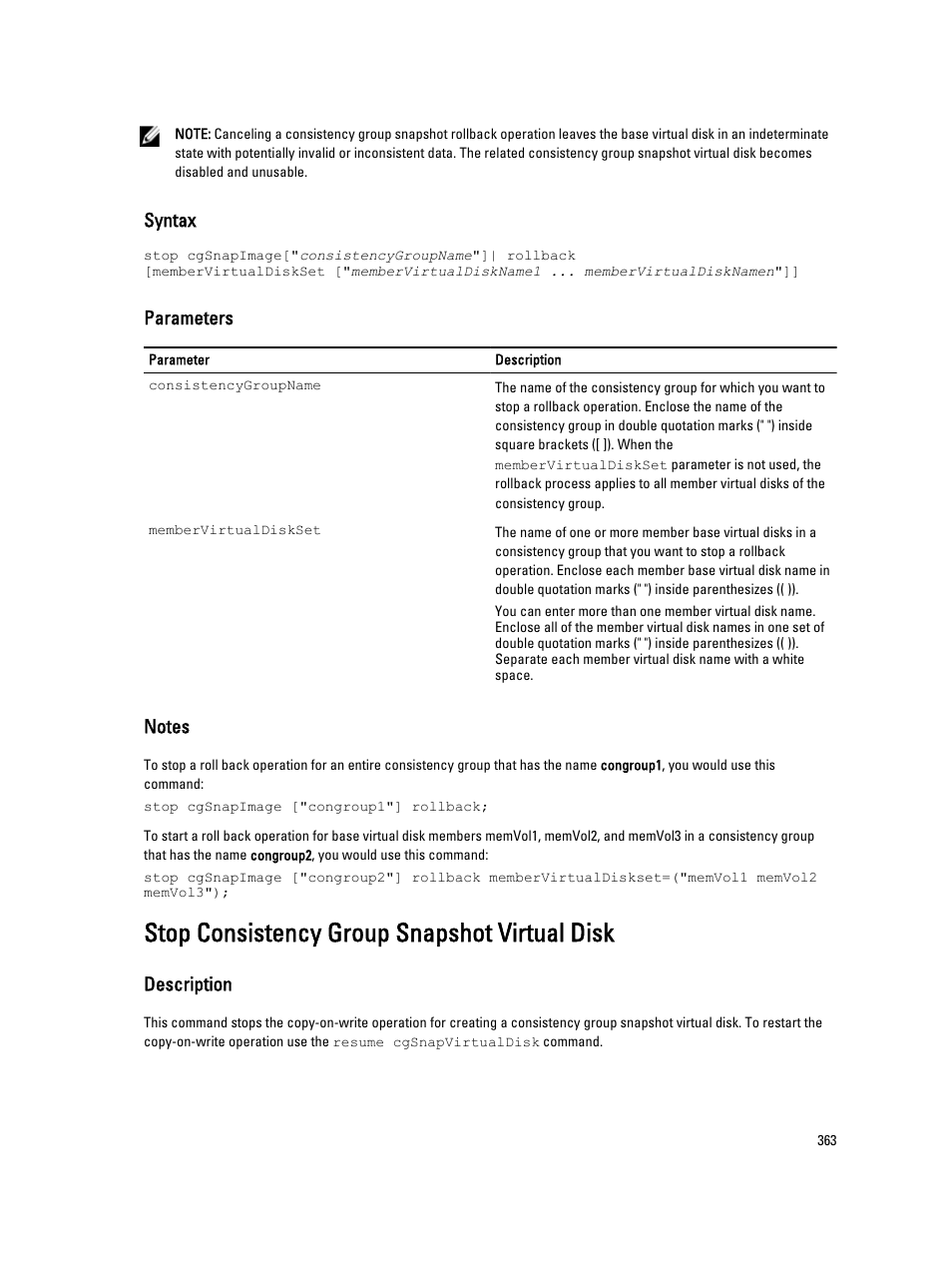 Stop consistency group snapshot virtual disk, Syntax, Parameters | Description | Dell PowerVault MD3260i User Manual | Page 363 / 388