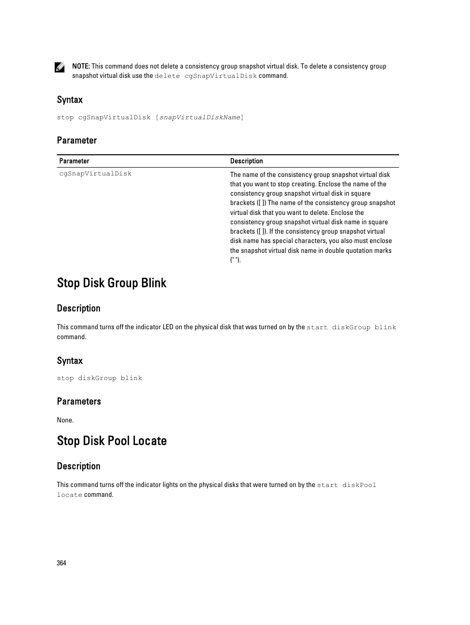 Stop disk group blink, Stop disk pool locate | Dell PowerVault MD3260i User Manual | Page 364 / 388