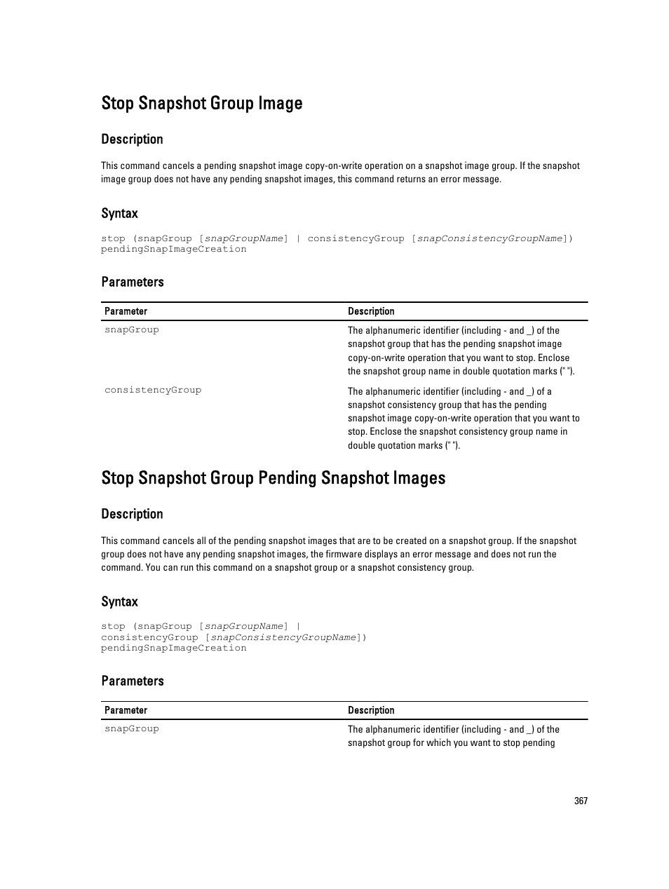 Stop snapshot group image, Stop snapshot group pending snapshot images | Dell PowerVault MD3260i User Manual | Page 367 / 388