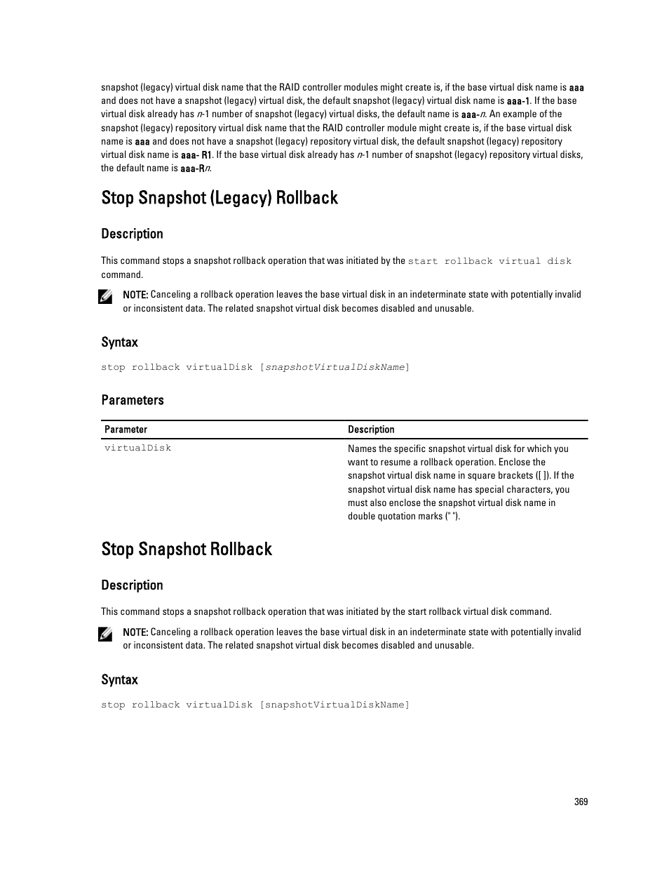 Stop snapshot (legacy) rollback, Stop snapshot rollback | Dell PowerVault MD3260i User Manual | Page 369 / 388