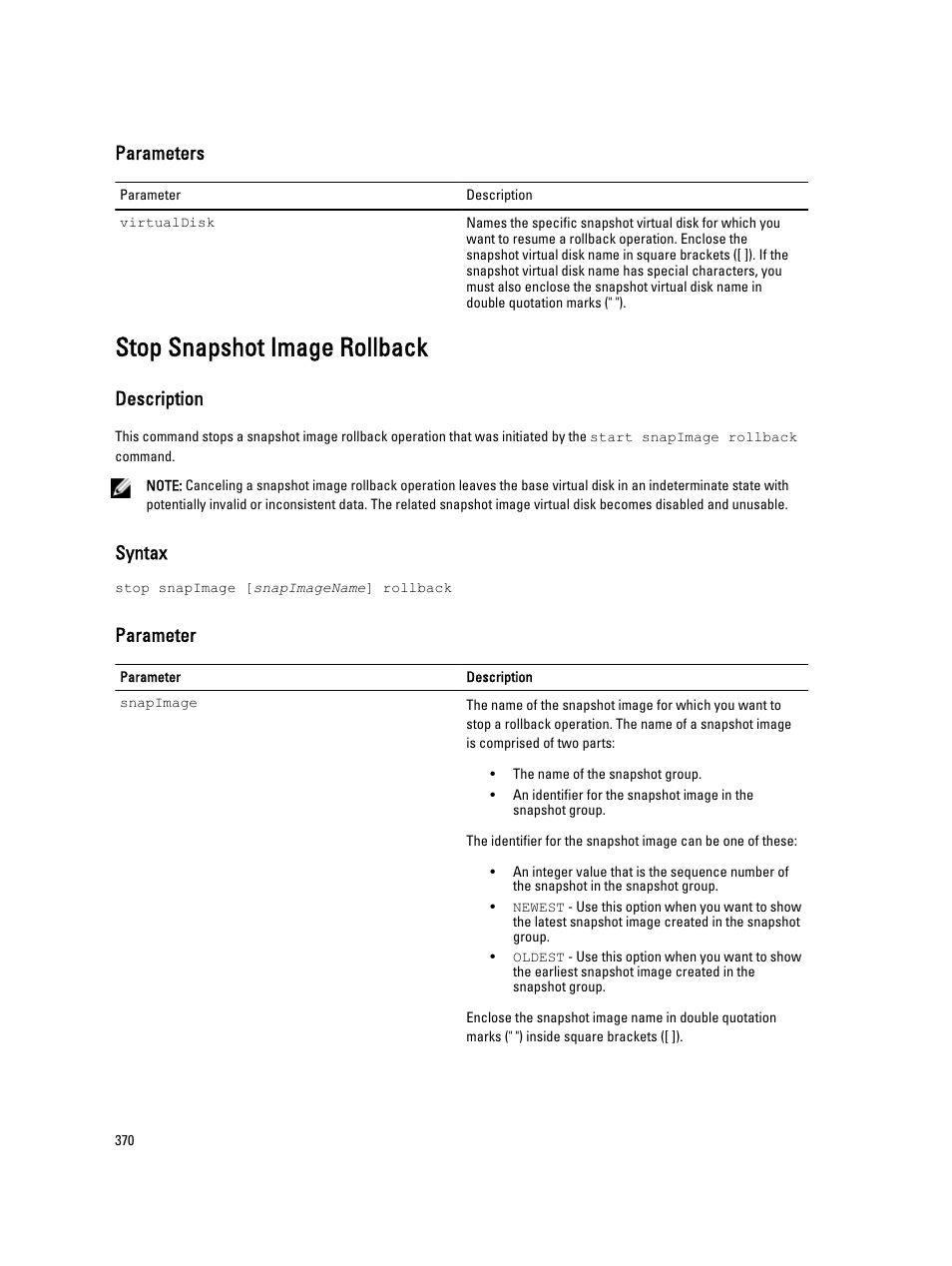 Stop snapshot image rollback, Parameters, Description | Syntax, Parameter | Dell PowerVault MD3260i User Manual | Page 370 / 388