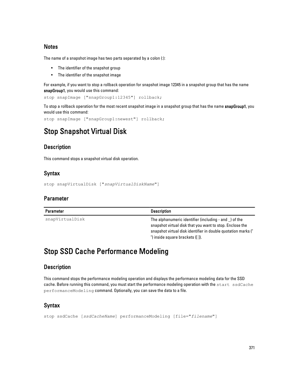 Stop snapshot virtual disk, Stop ssd cache performance modeling | Dell PowerVault MD3260i User Manual | Page 371 / 388