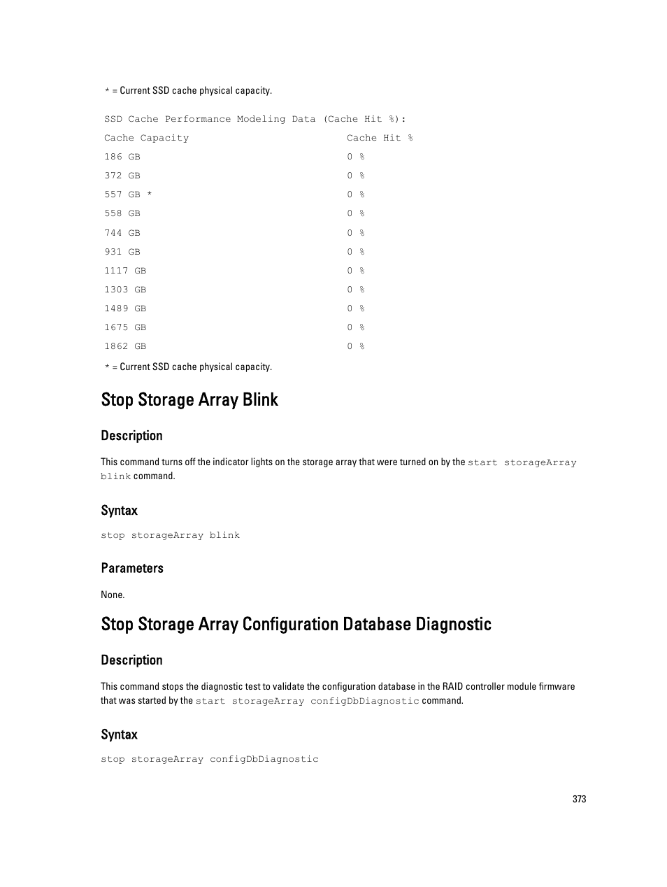 Stop storage array blink, Description, Syntax | Parameters | Dell PowerVault MD3260i User Manual | Page 373 / 388