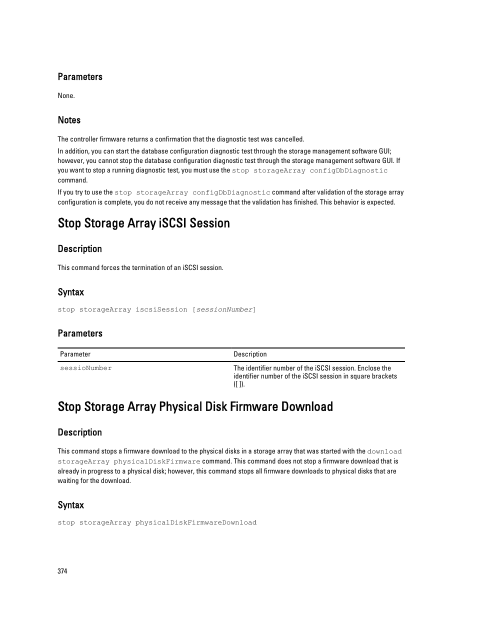 Stop storage array iscsi session, Stop storage array physical disk firmware download | Dell PowerVault MD3260i User Manual | Page 374 / 388