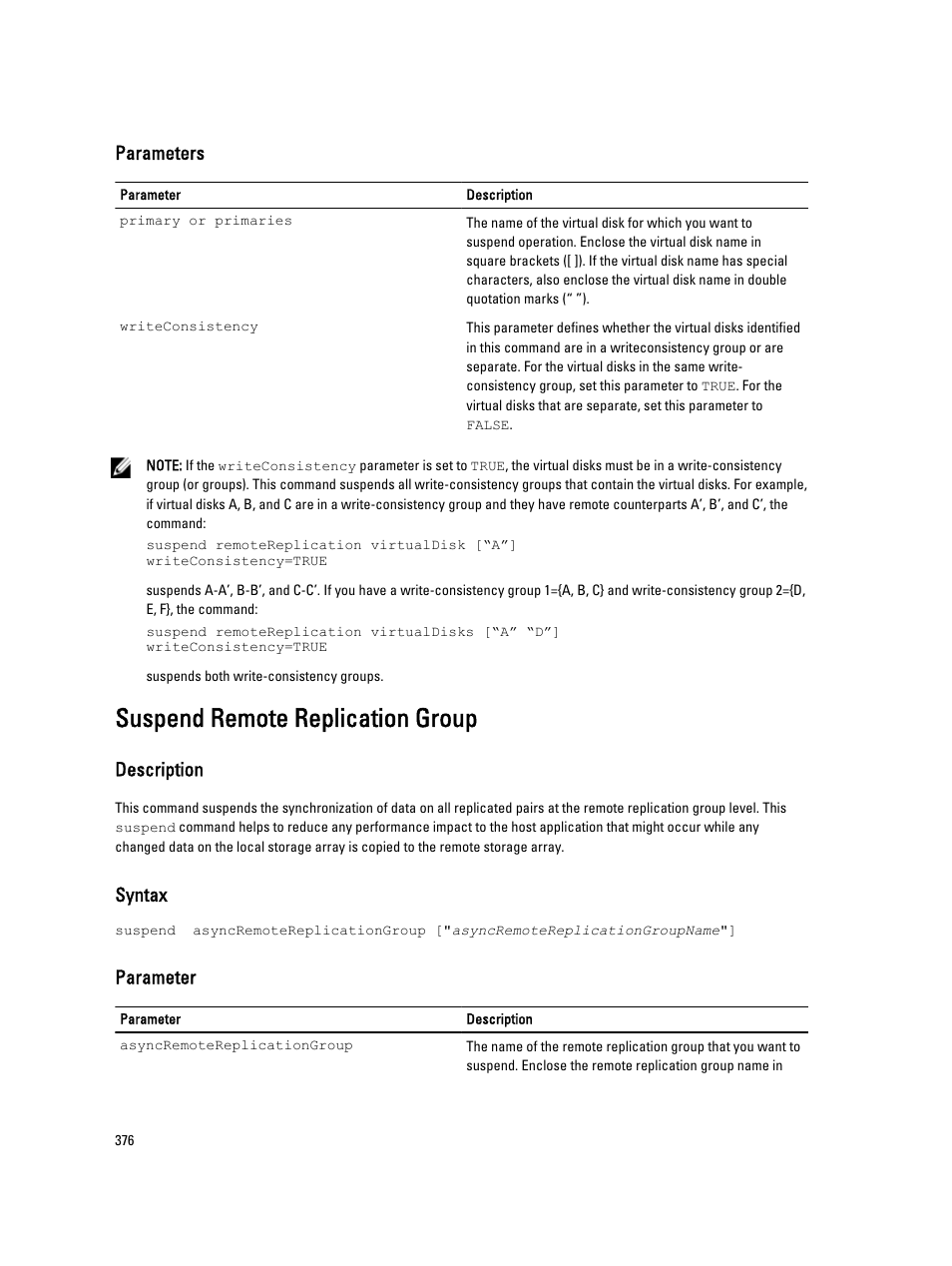 Suspend remote replication group, Parameters, Description | Syntax, Parameter | Dell PowerVault MD3260i User Manual | Page 376 / 388