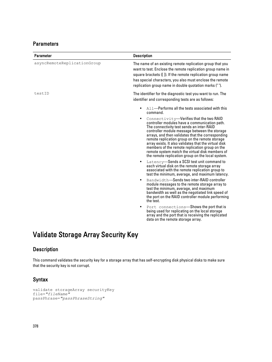 Validate storage array security key, Parameters, Description | Syntax | Dell PowerVault MD3260i User Manual | Page 378 / 388