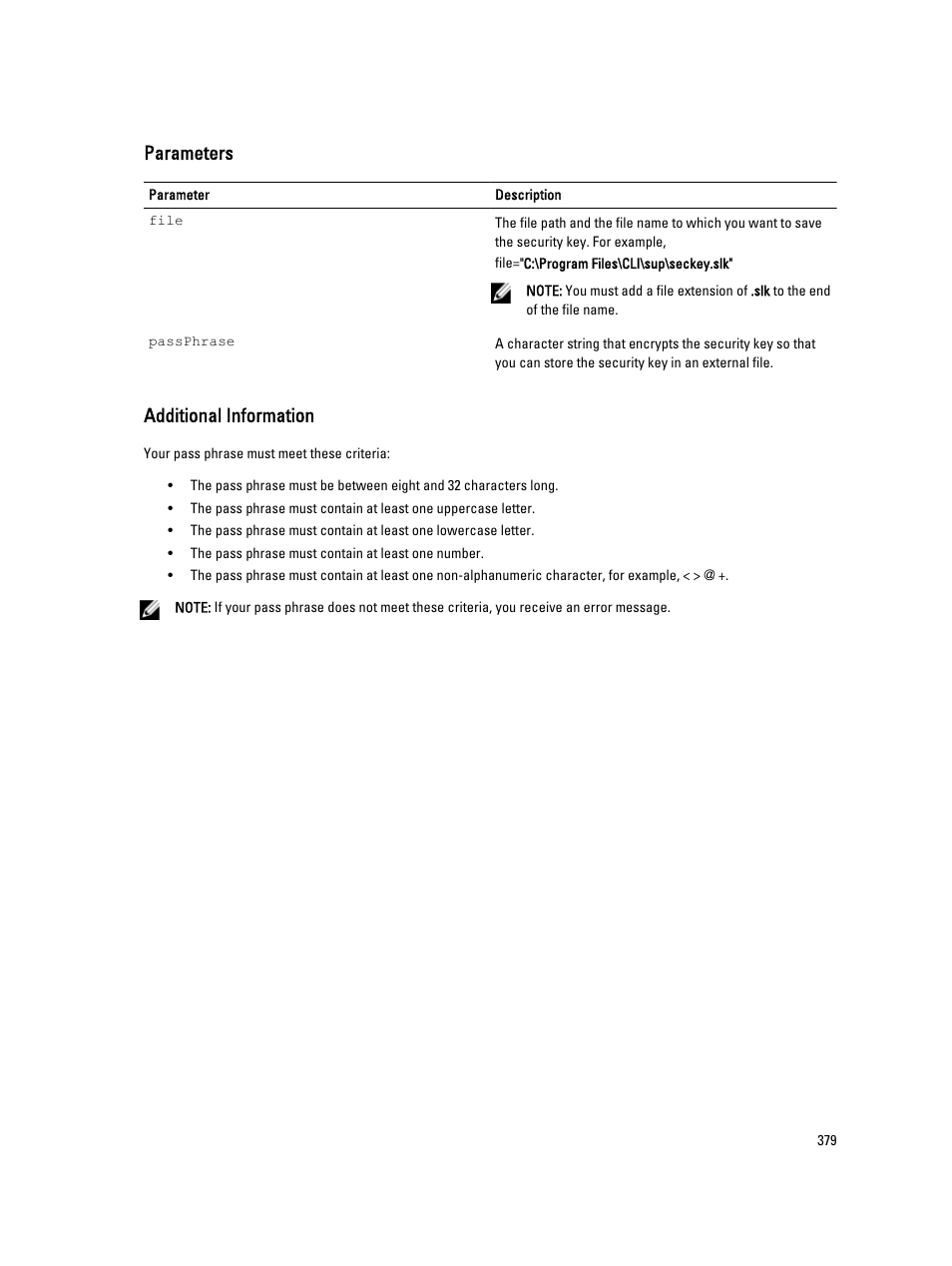 Parameters, Additional information | Dell PowerVault MD3260i User Manual | Page 379 / 388