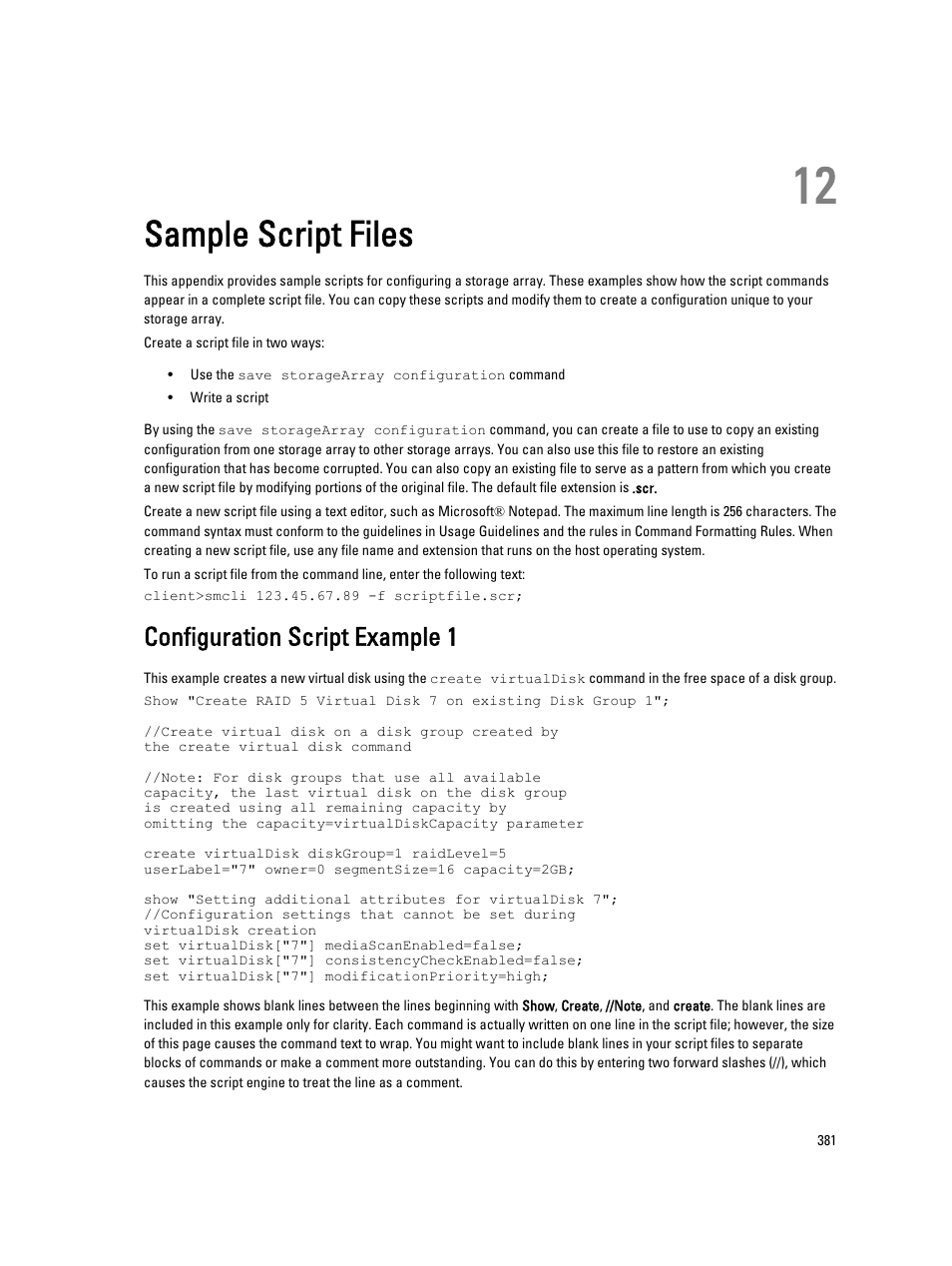 Sample script files, Configuration script example 1, 12 sample script files | Dell PowerVault MD3260i User Manual | Page 381 / 388