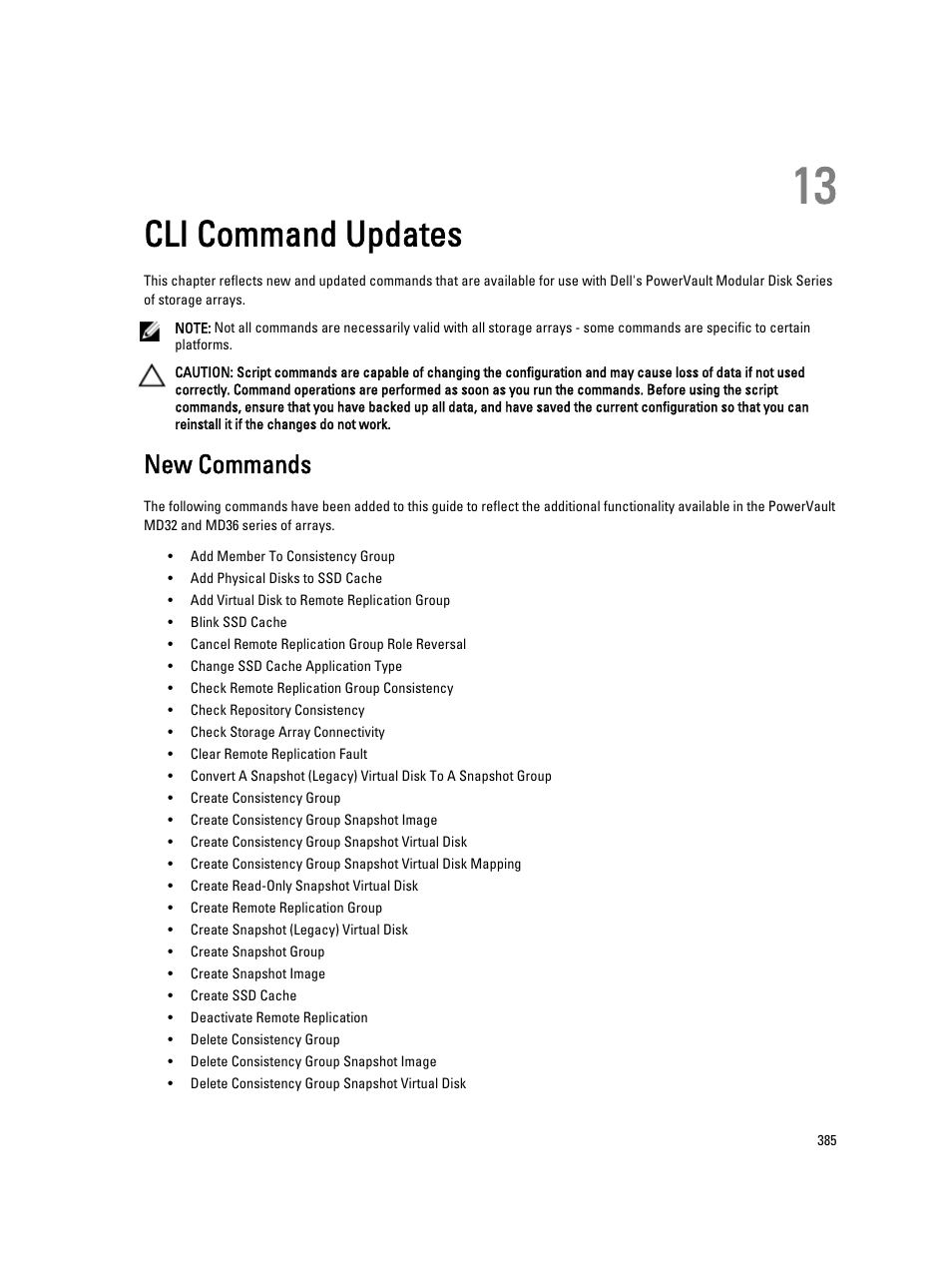 Cli command updates, New commands, 13 cli command updates | Dell PowerVault MD3260i User Manual | Page 385 / 388