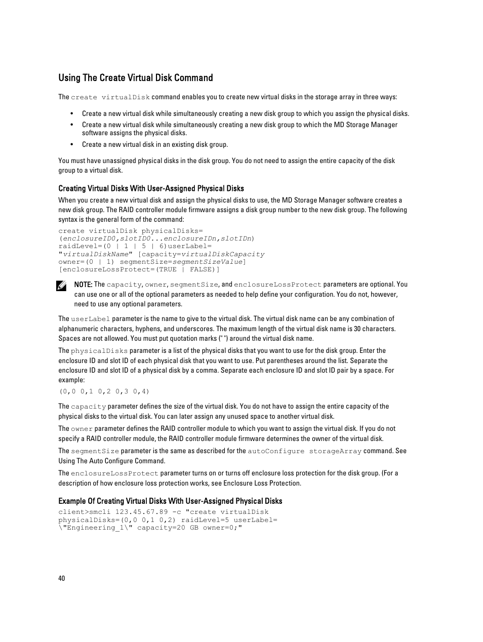 Using the create virtual disk command | Dell PowerVault MD3260i User Manual | Page 40 / 388