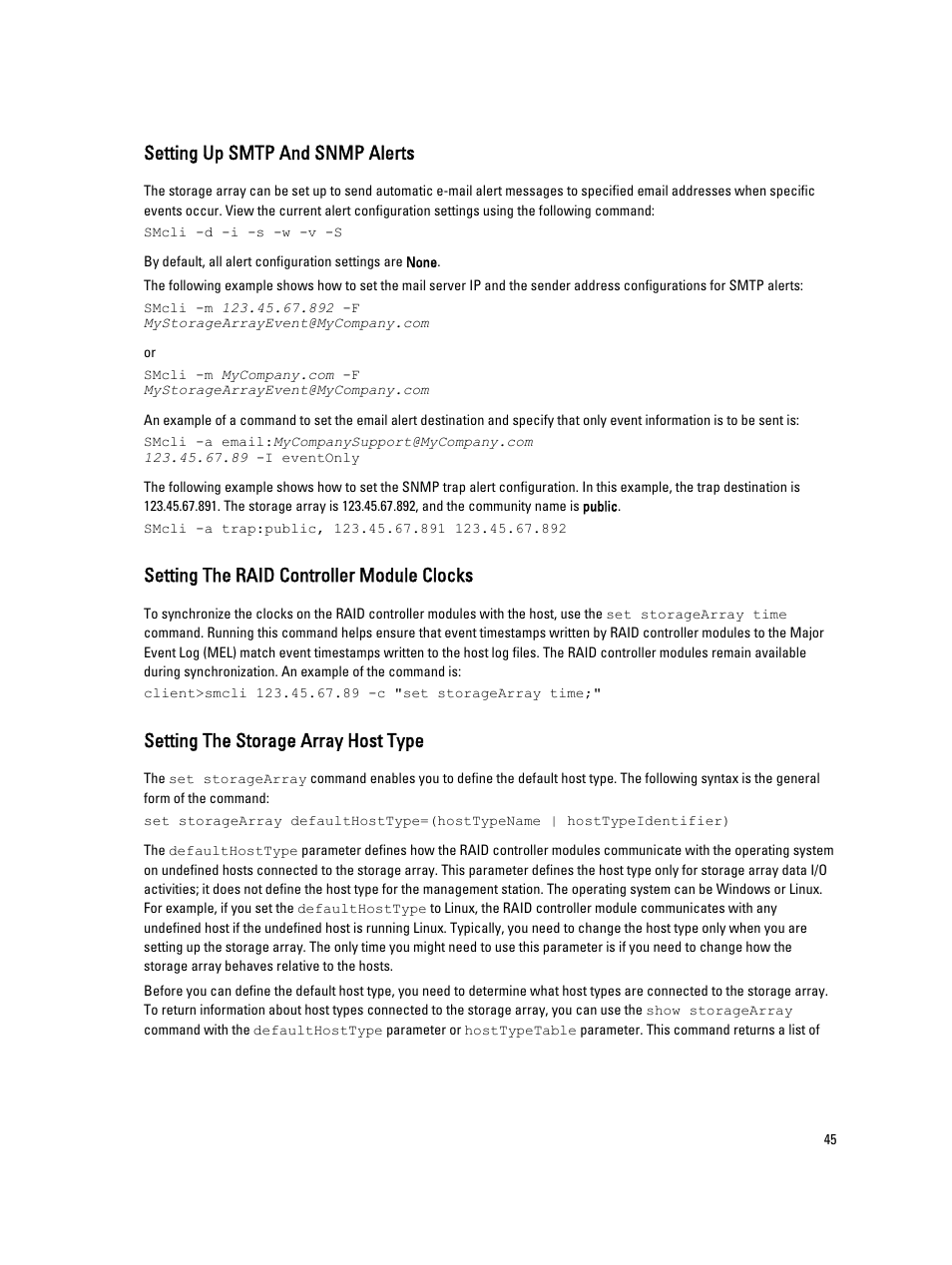 Setting up smtp and snmp alerts, Setting the raid controller module clocks, Setting the storage array host type | Dell PowerVault MD3260i User Manual | Page 45 / 388