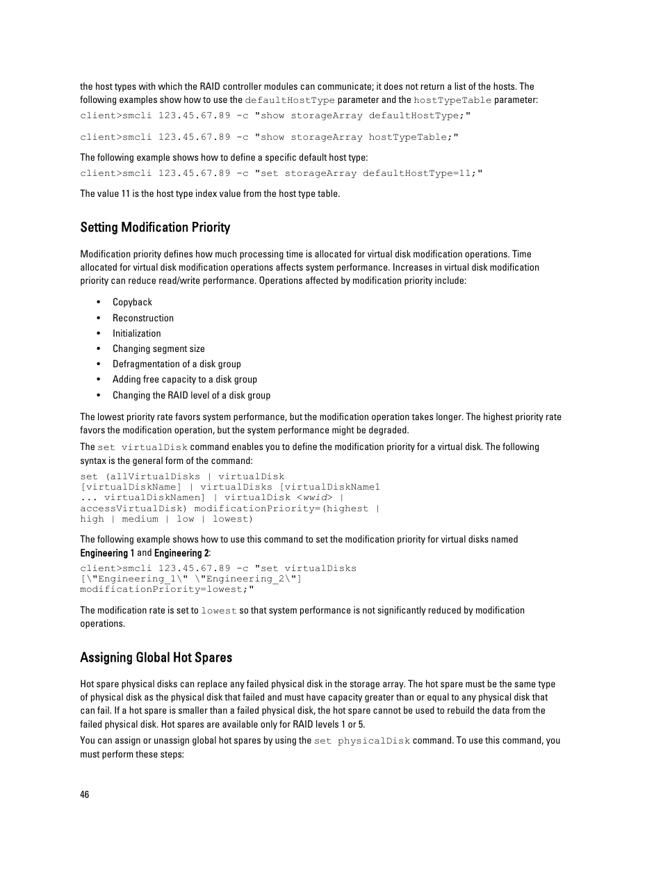 Setting modification priority, Assigning global hot spares | Dell PowerVault MD3260i User Manual | Page 46 / 388