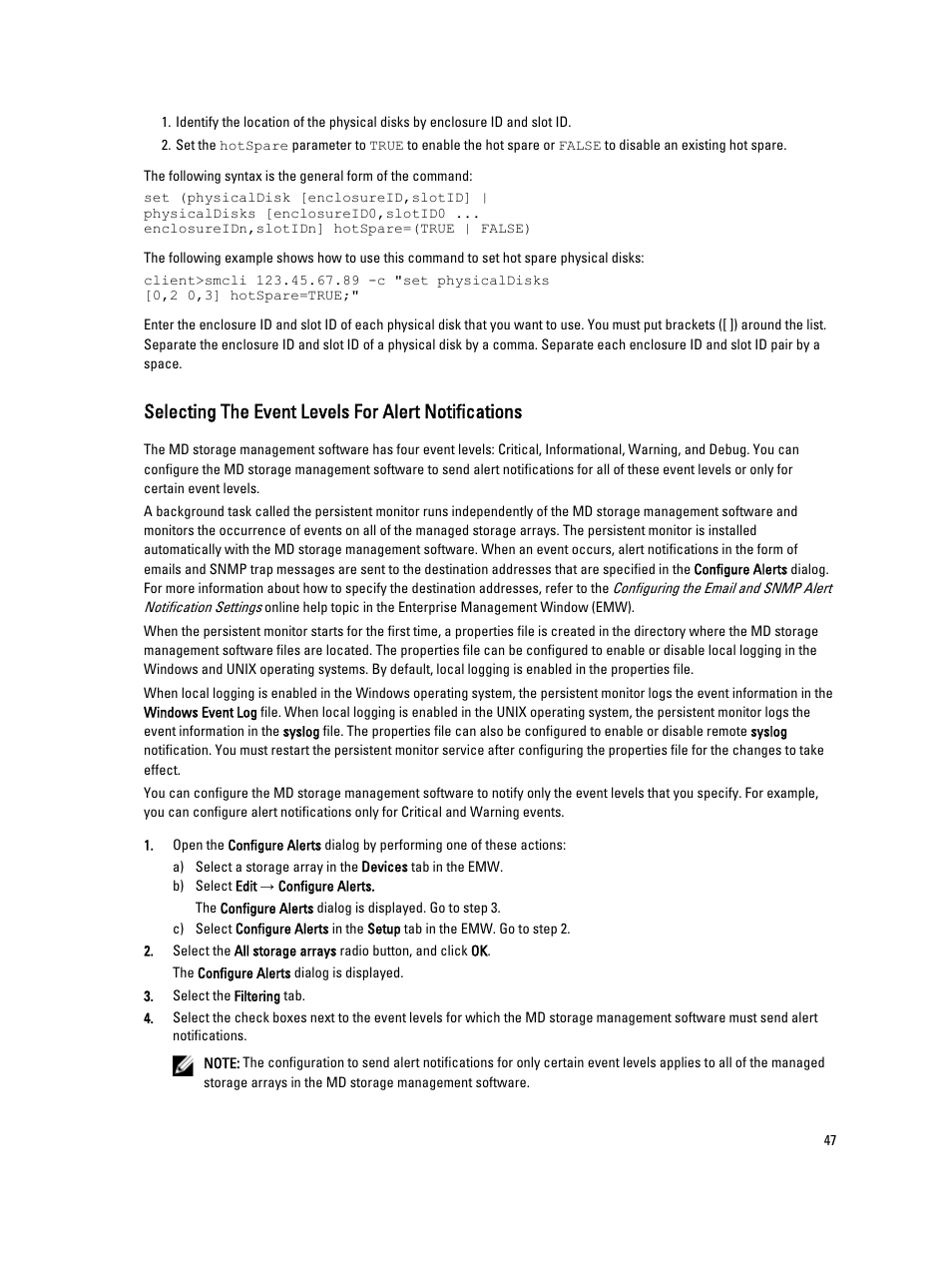 Selecting the event levels for alert notifications | Dell PowerVault MD3260i User Manual | Page 47 / 388