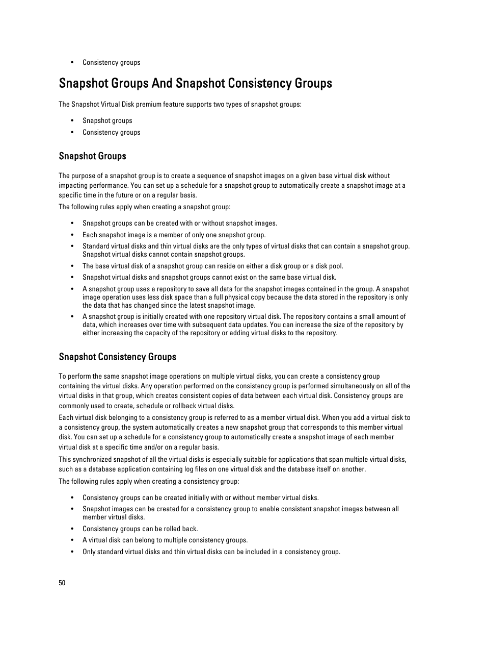 Snapshot groups and snapshot consistency groups, Snapshot groups, Snapshot consistency groups | Dell PowerVault MD3260i User Manual | Page 50 / 388