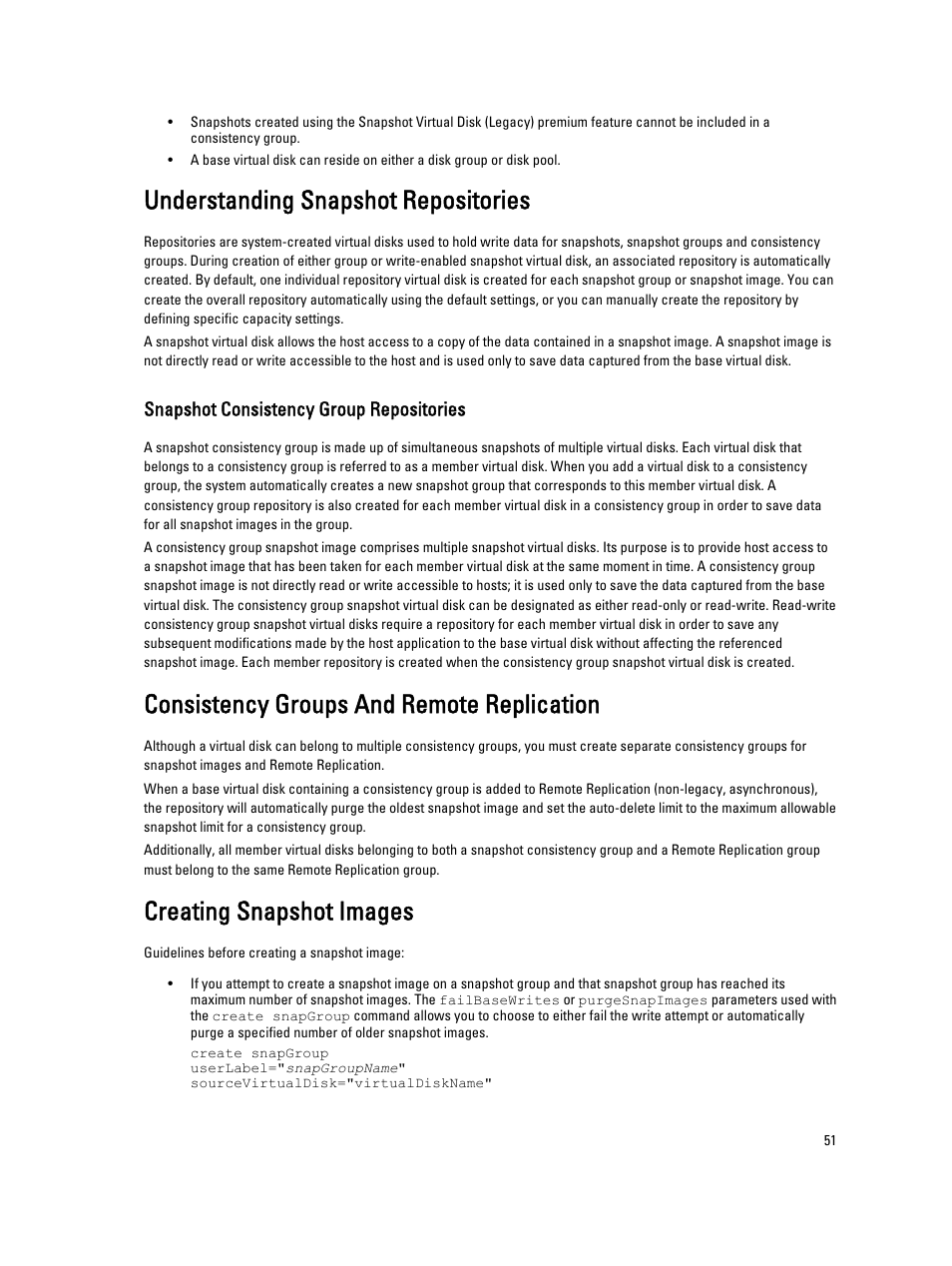 Understanding snapshot repositories, Snapshot consistency group repositories, Consistency groups and remote replication | Creating snapshot images | Dell PowerVault MD3260i User Manual | Page 51 / 388