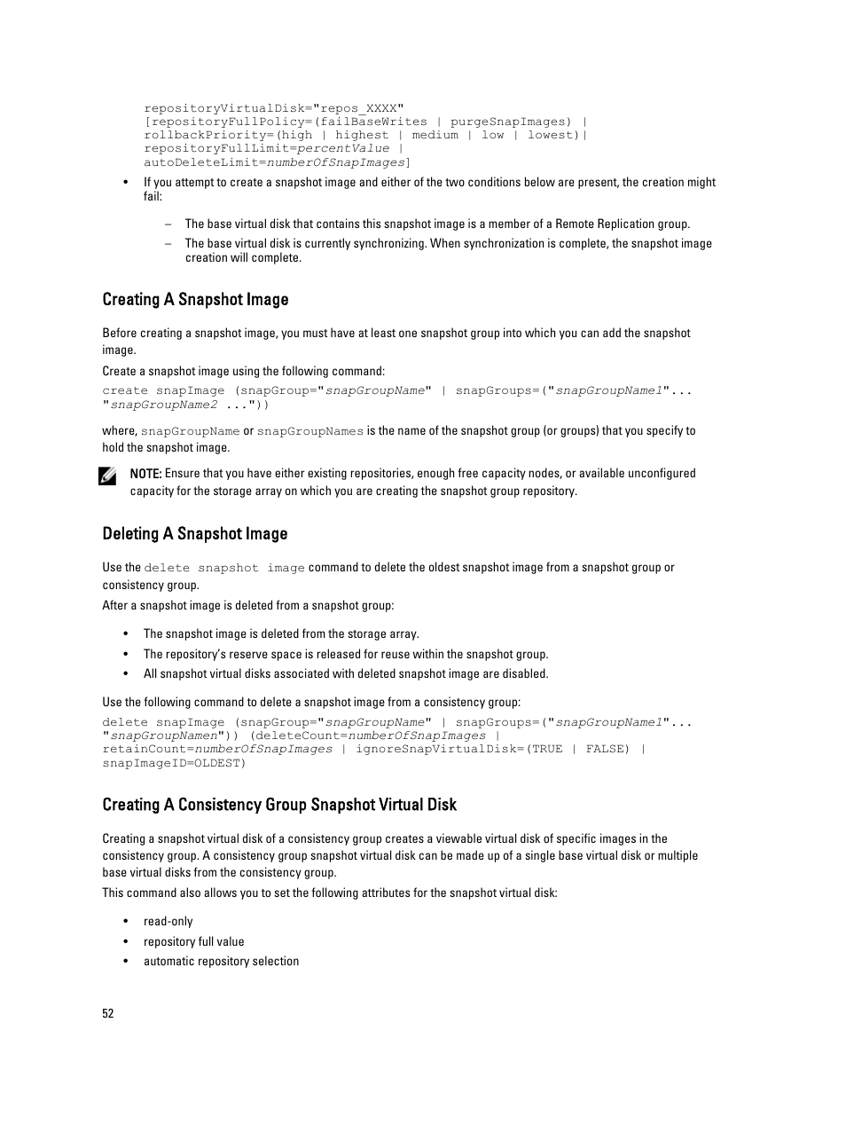 Creating a snapshot image, Deleting a snapshot image, Creating a consistency group snapshot virtual disk | Dell PowerVault MD3260i User Manual | Page 52 / 388