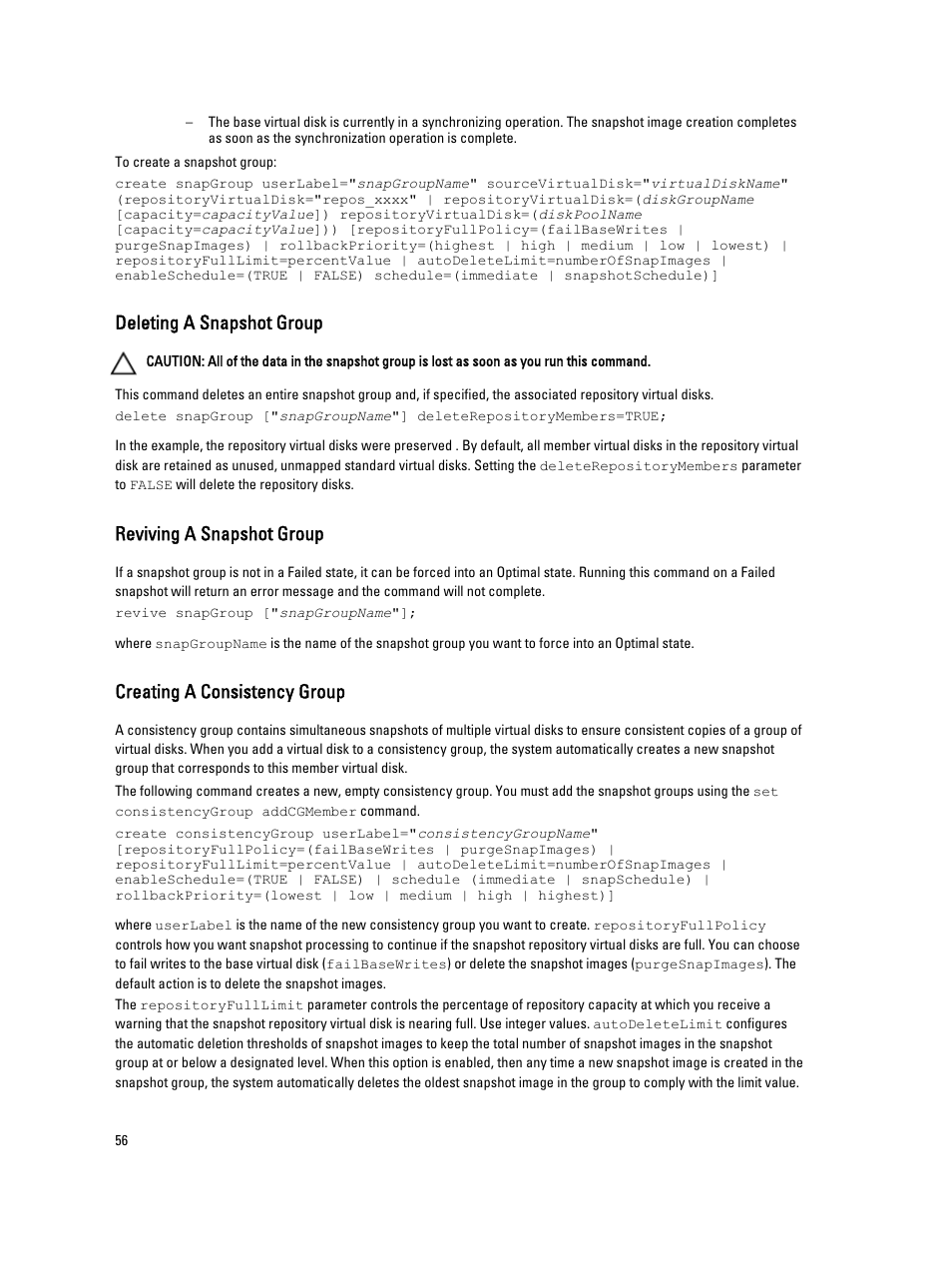 Deleting a snapshot group, Reviving a snapshot group, Creating a consistency group | Dell PowerVault MD3260i User Manual | Page 56 / 388